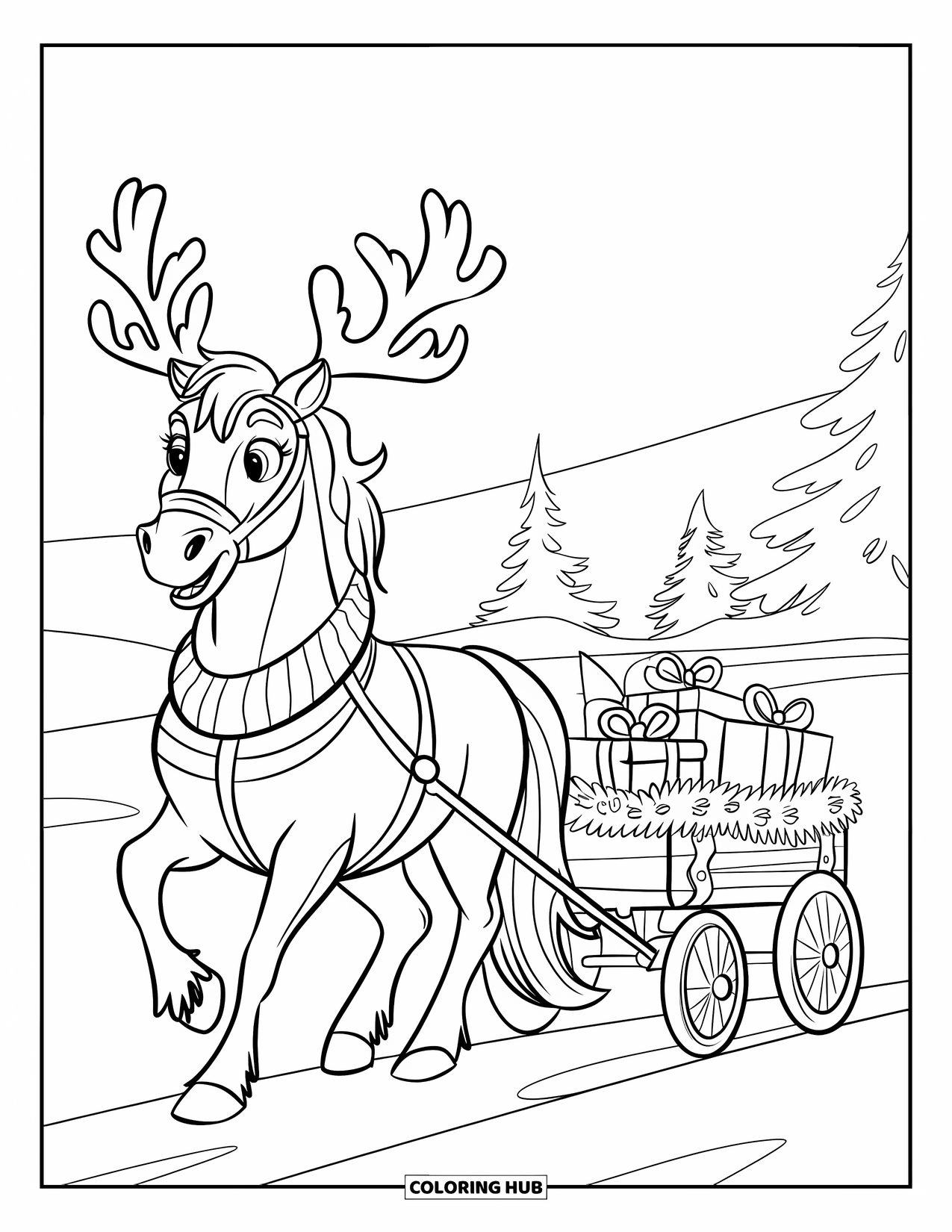 Christmas Horse Coloring Page for Kids: A jolly horse in stripes pulls a gift-filled wagon through snowy woods