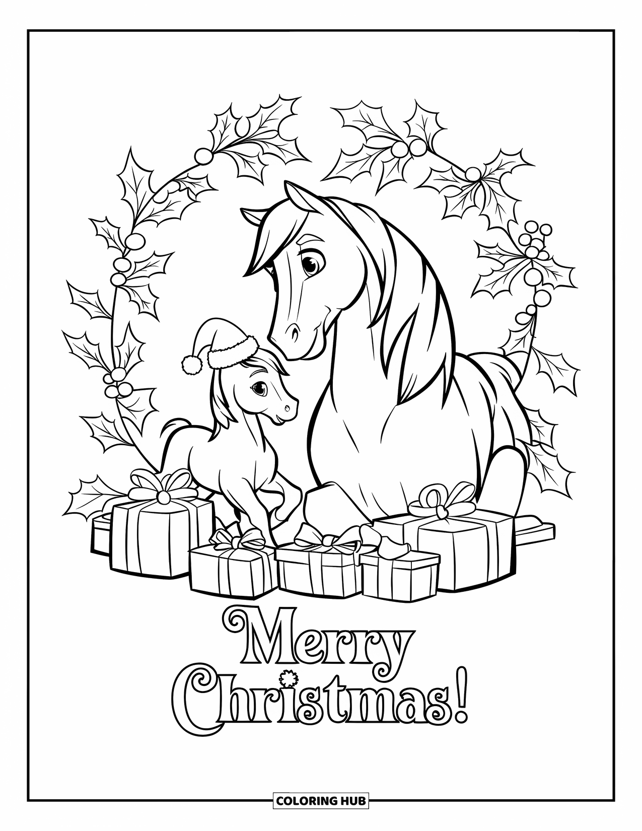 Christmas Horse Coloring Page for Kids: A Merry Christmas horse and foal stand near holly and wrapped presents