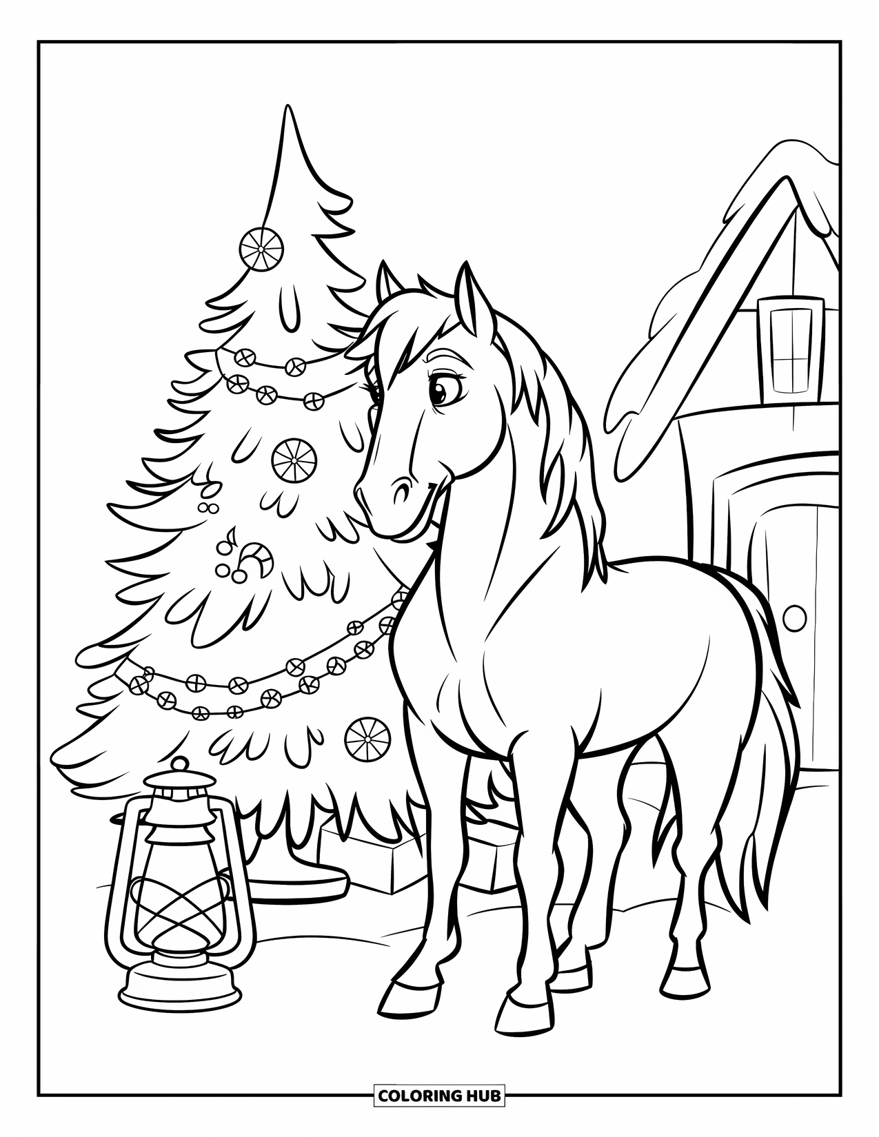 Christmas Horse Coloring Page for Kids: A peaceful horse stands by a lantern and glowing tree on a snowy night