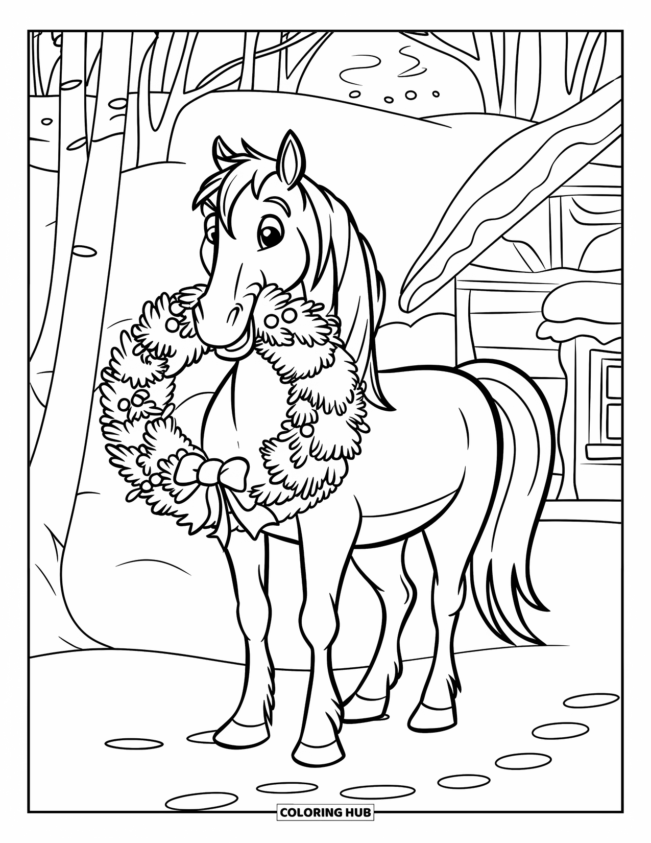 Christmas Horse Coloring Page for Kids: A playful horse holds a wreath near a cottage and snowy trees