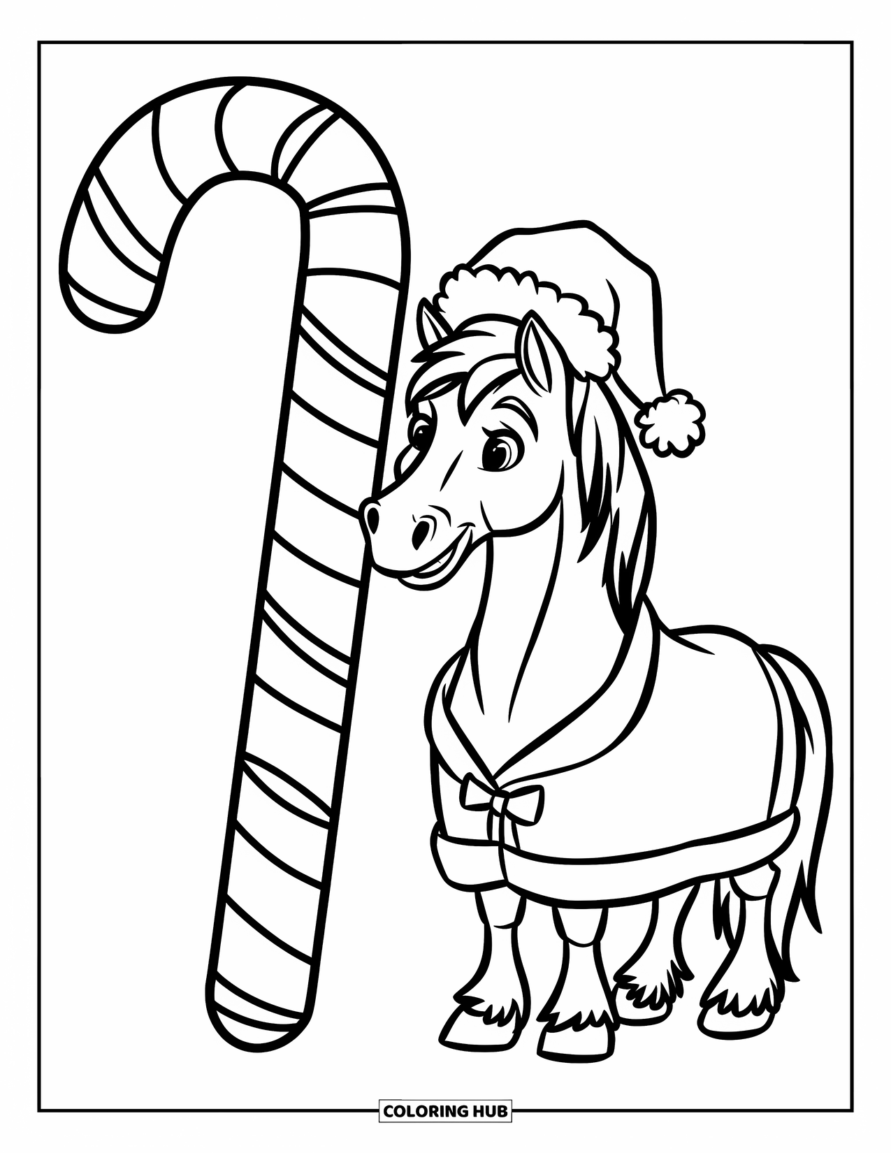 Christmas Horse Coloring Page for Kids: A red-nosed horse stands by a candy cane nearly as tall as itself