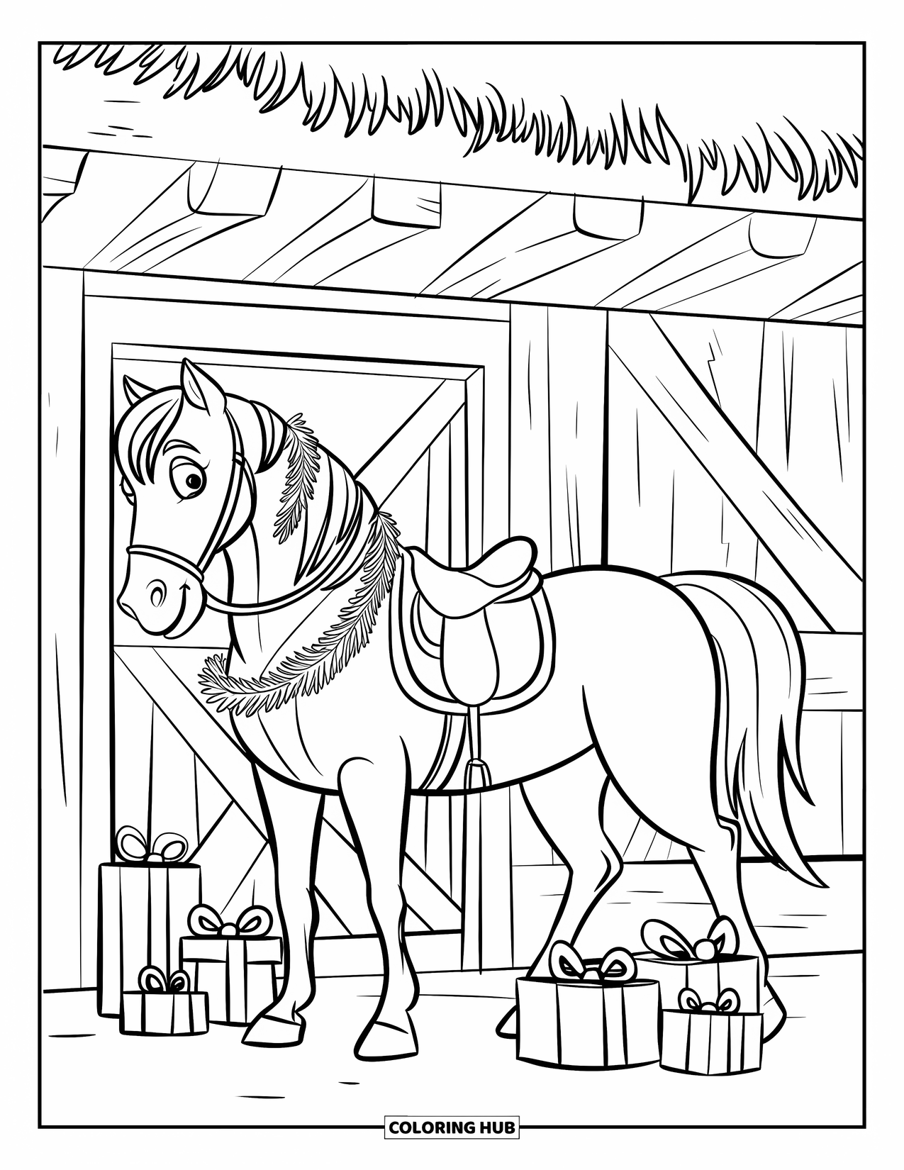 Christmas Horse Coloring Page for Kids: A ribboned horse stands in a barn decorated with garlands and gifts