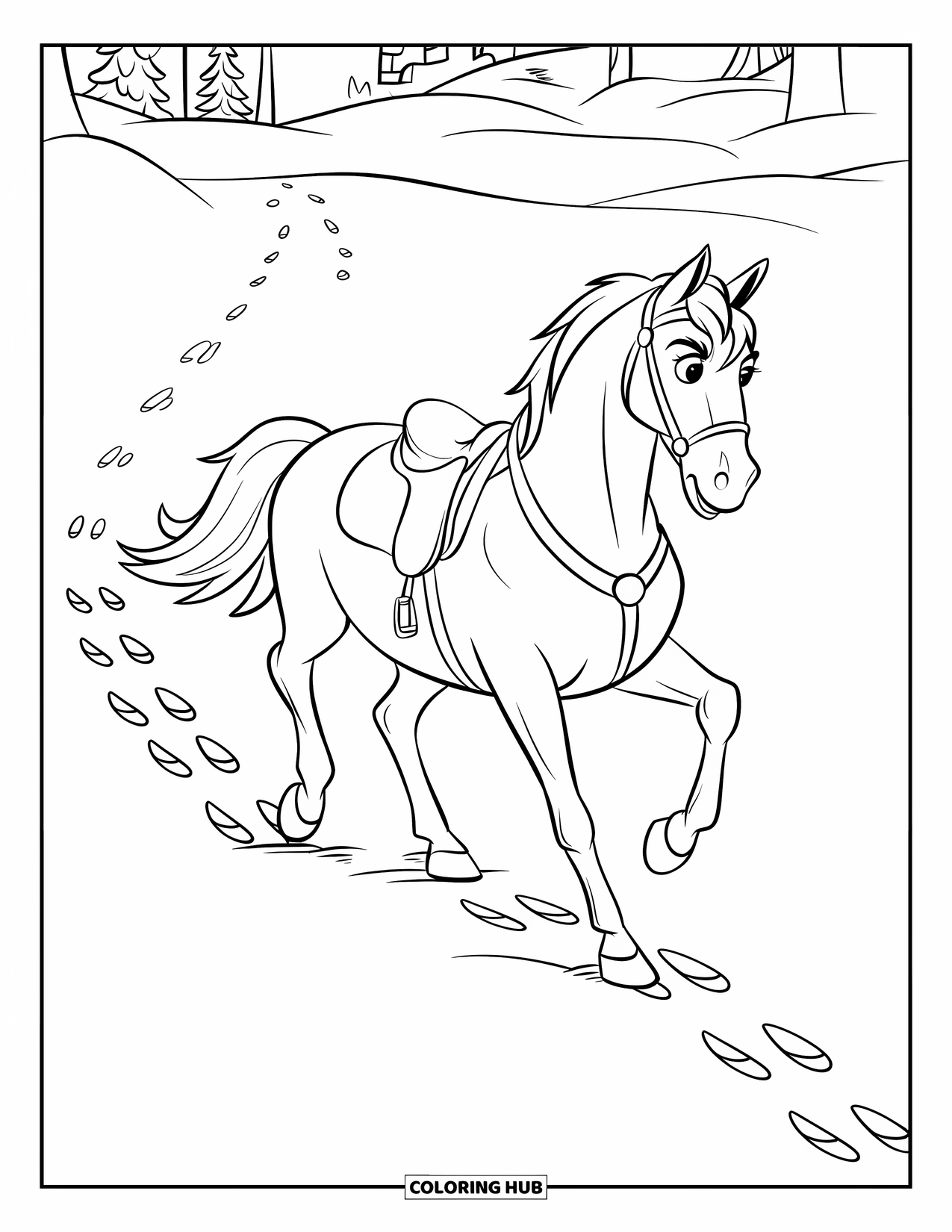 Christmas Horse Coloring Page for Kids: A saddled horse trots through snow with nearby buildings and footprints