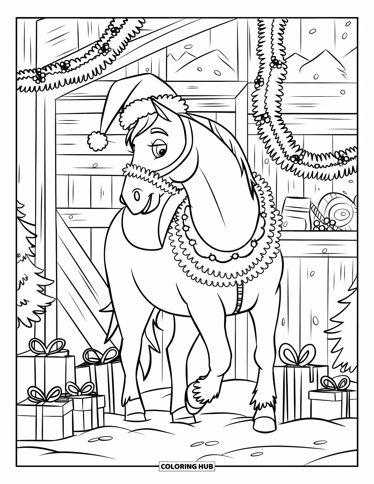 Christmas Horse Coloring Page for Kids: A Santa-hat horse stands in a cozy barn with garlands and presents