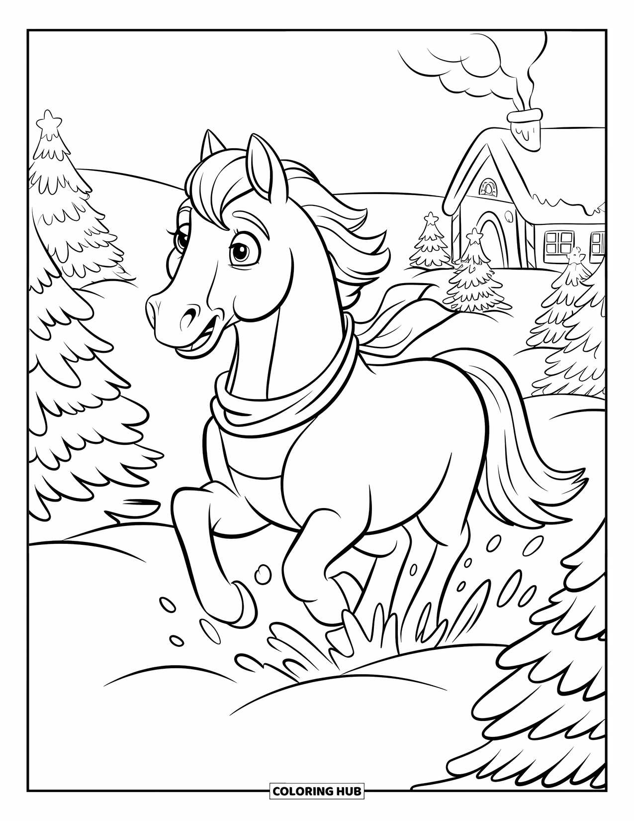 Christmas Horse Coloring Page for Kids: A scarfed horse gallops past snowy trees and a cottage