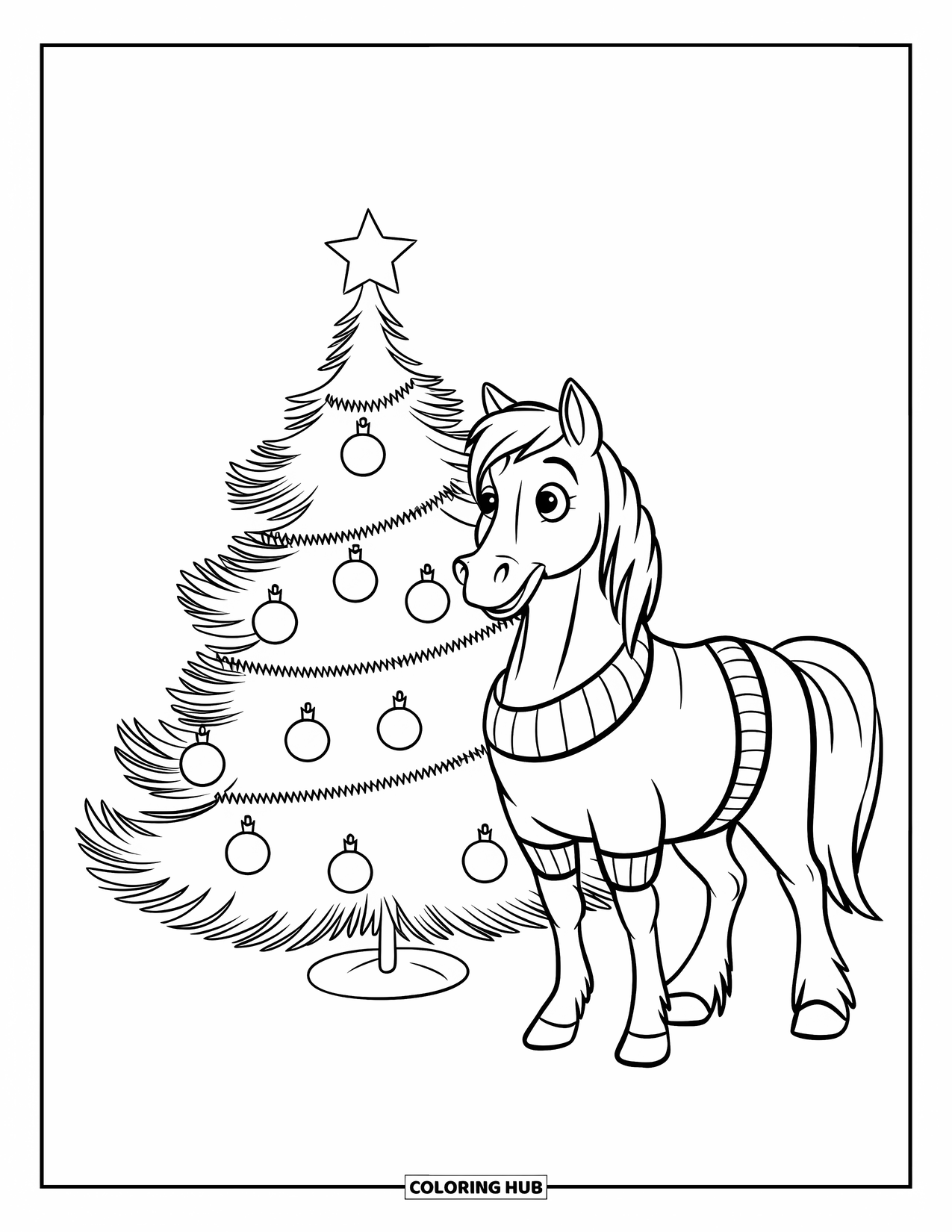 Christmas Horse Coloring Page for Kids: A striped-sweater horse stands near a simple tree with ornaments