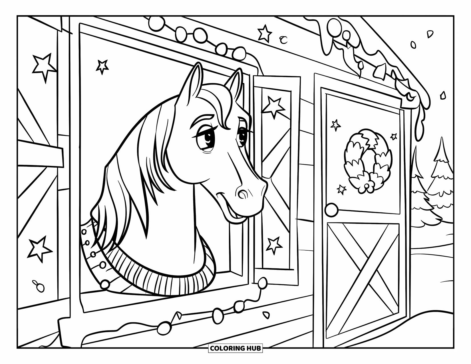 Christmas Horse Coloring Page for Kids: A sweatered horse peeks out a barn window surrounded by stars and garlands