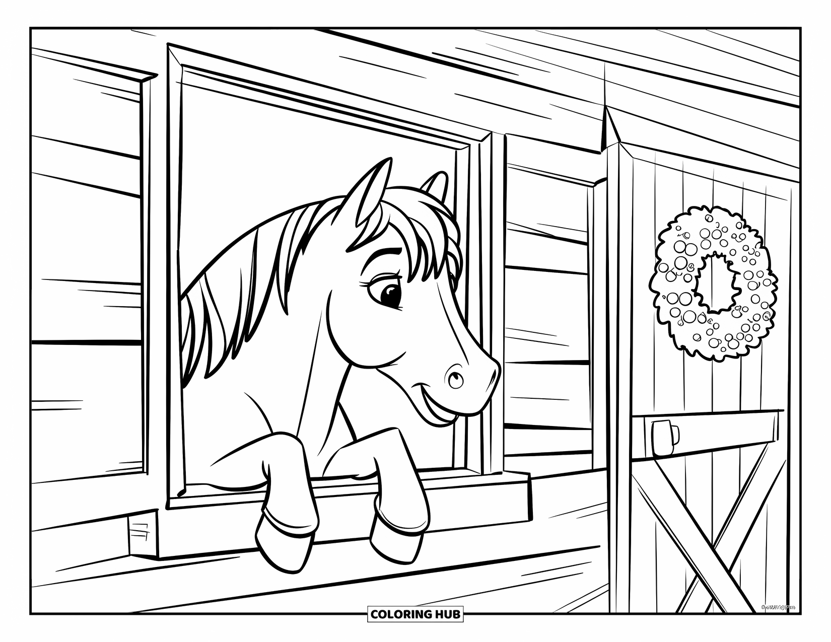 Christmas Horse Coloring Page for Kids: A sweet horse looks out a barn window with a holiday wreath