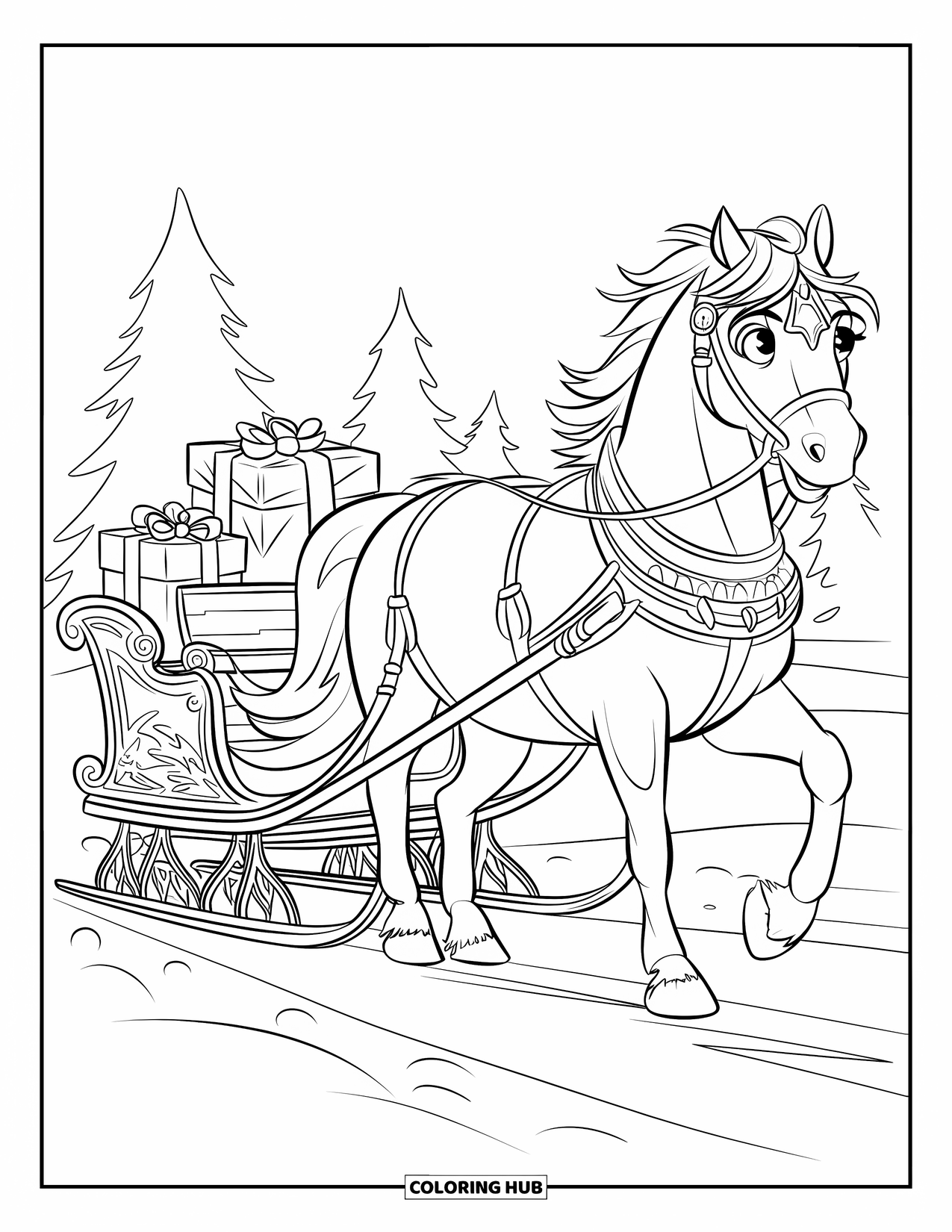 Christmas Horse Coloring Page for Kids: A thick-maned horse pulls a festive sleigh through snow and fir trees