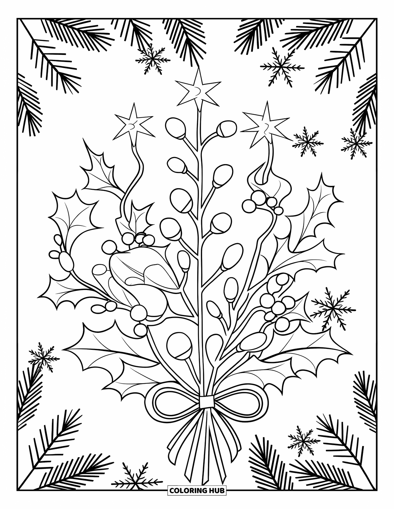 Christmas Lights Coloring Page for Adults: A bouquet of winter flowers and holly wrapped with Christmas lights