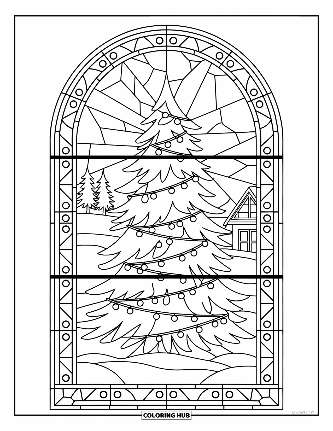 Christmas Lights Coloring Page for Adults: A Christmas tree in stained glass shines with lights and a star on top