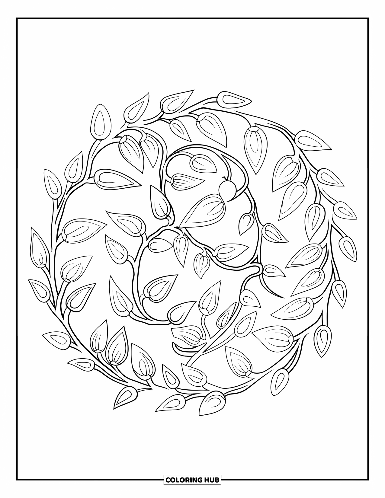 Christmas Lights Coloring Page for Adults: A circular botanical design of vines and lights filled with hidden details