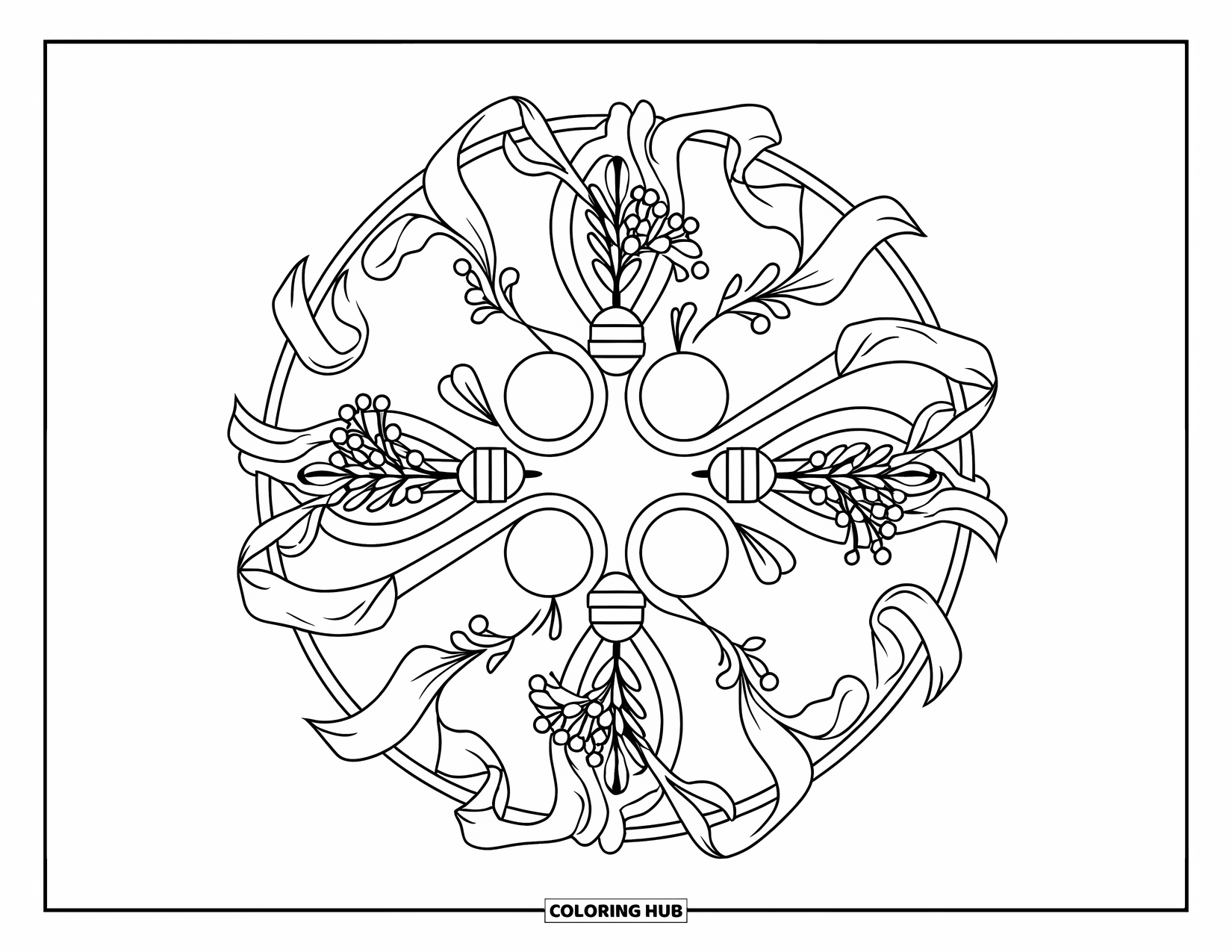 Christmas Lights Coloring Page for Adults: A festive mandala of bulbs, ribbons, and mistletoe in detailed symmetry