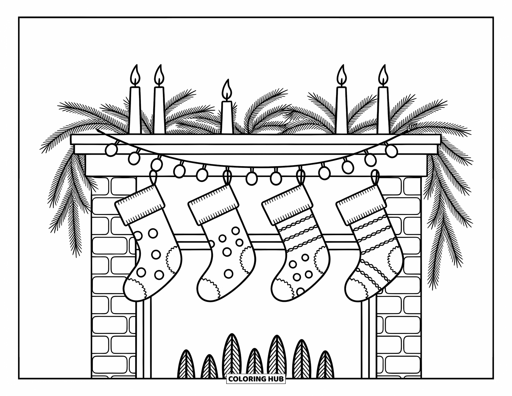 Christmas Lights Coloring Page for Adults: A festive mantle with stockings and lights glows with cozy charm