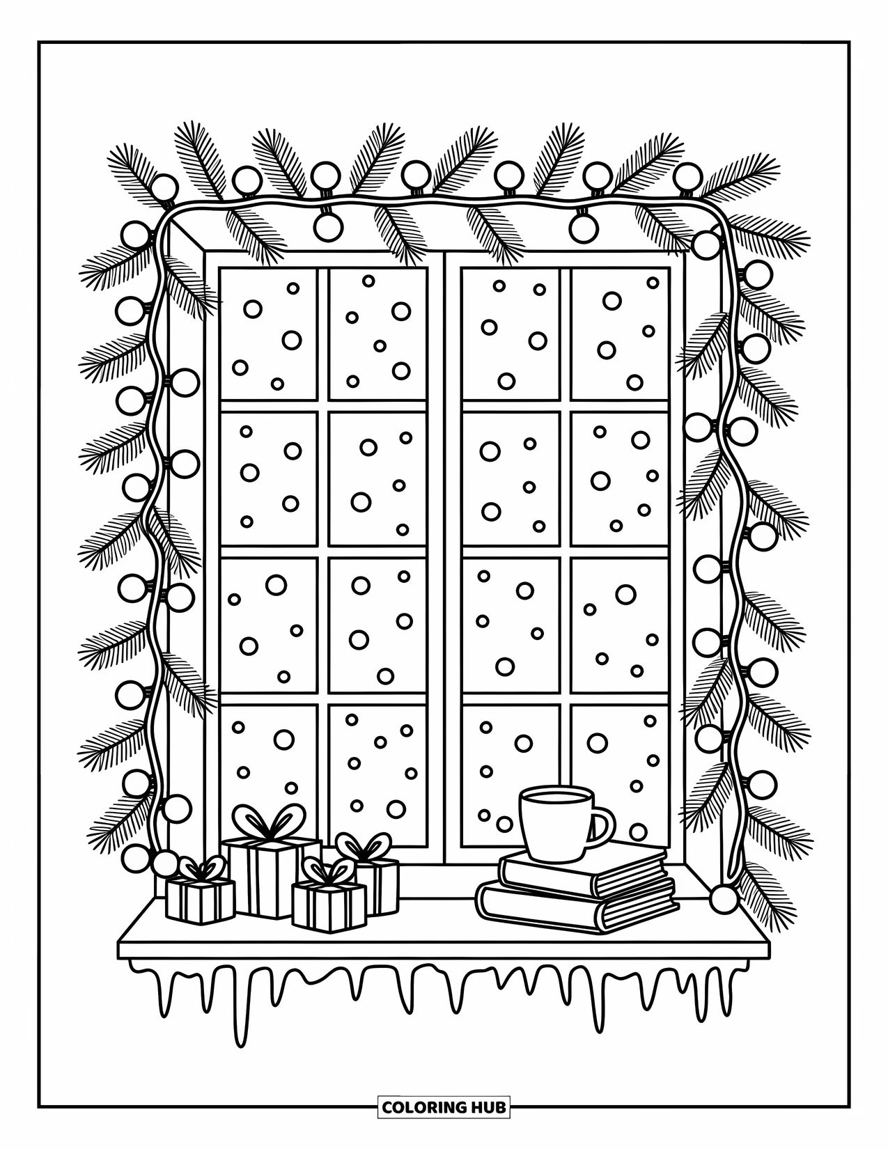 Christmas Lights Coloring Page for Adults: A glowing window decorated with garlands and lights on a snowy night