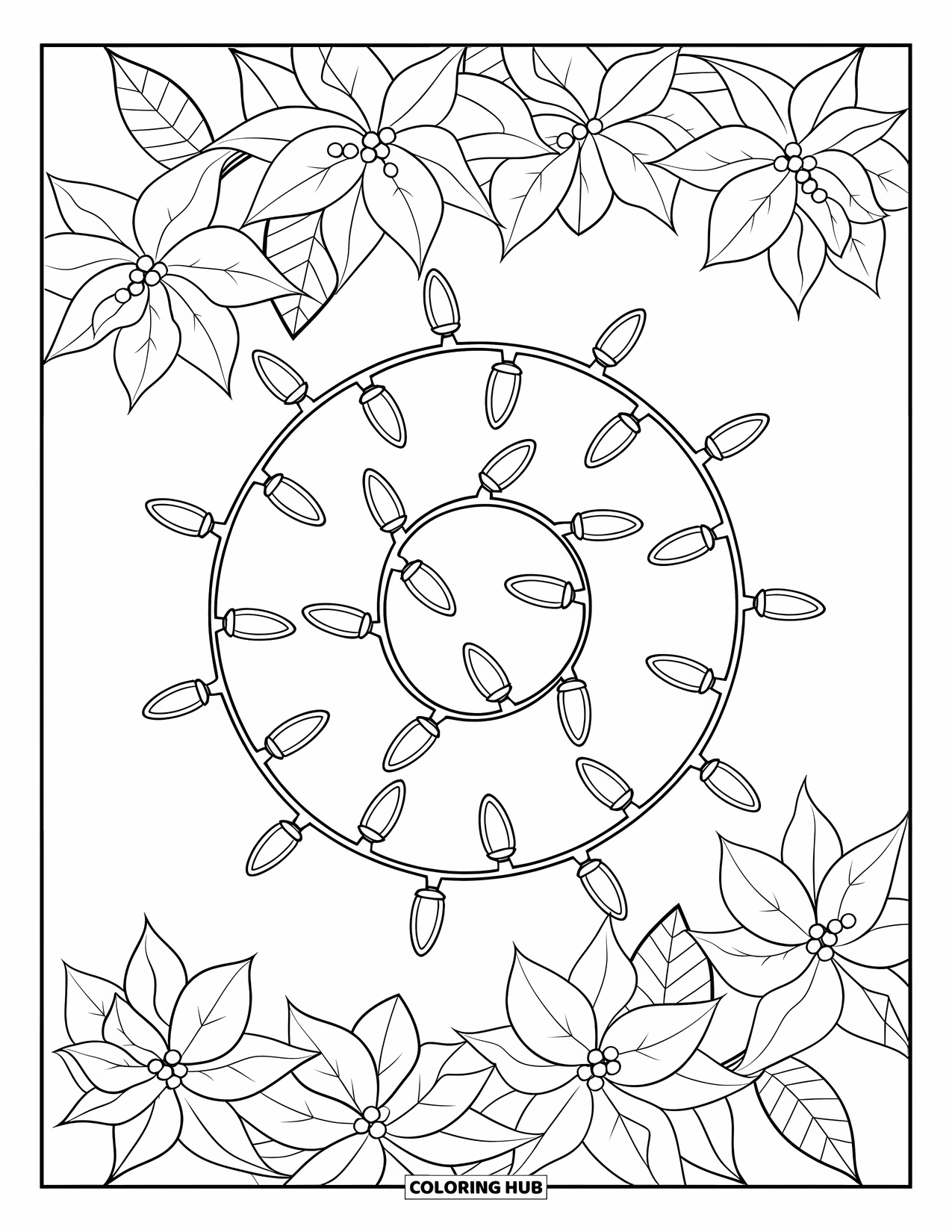 Christmas Lights Coloring Page for Adults: A spiral of lights encircled by poinsettia petals creates a festive frame