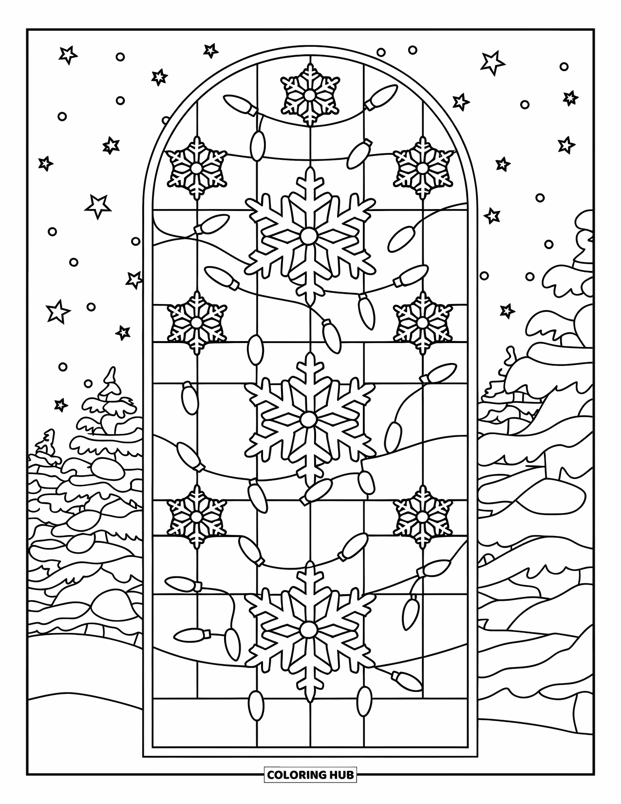 Christmas Lights Coloring Page for Adults: A stained glass panel of lights and snowflakes glows under a starry sky
