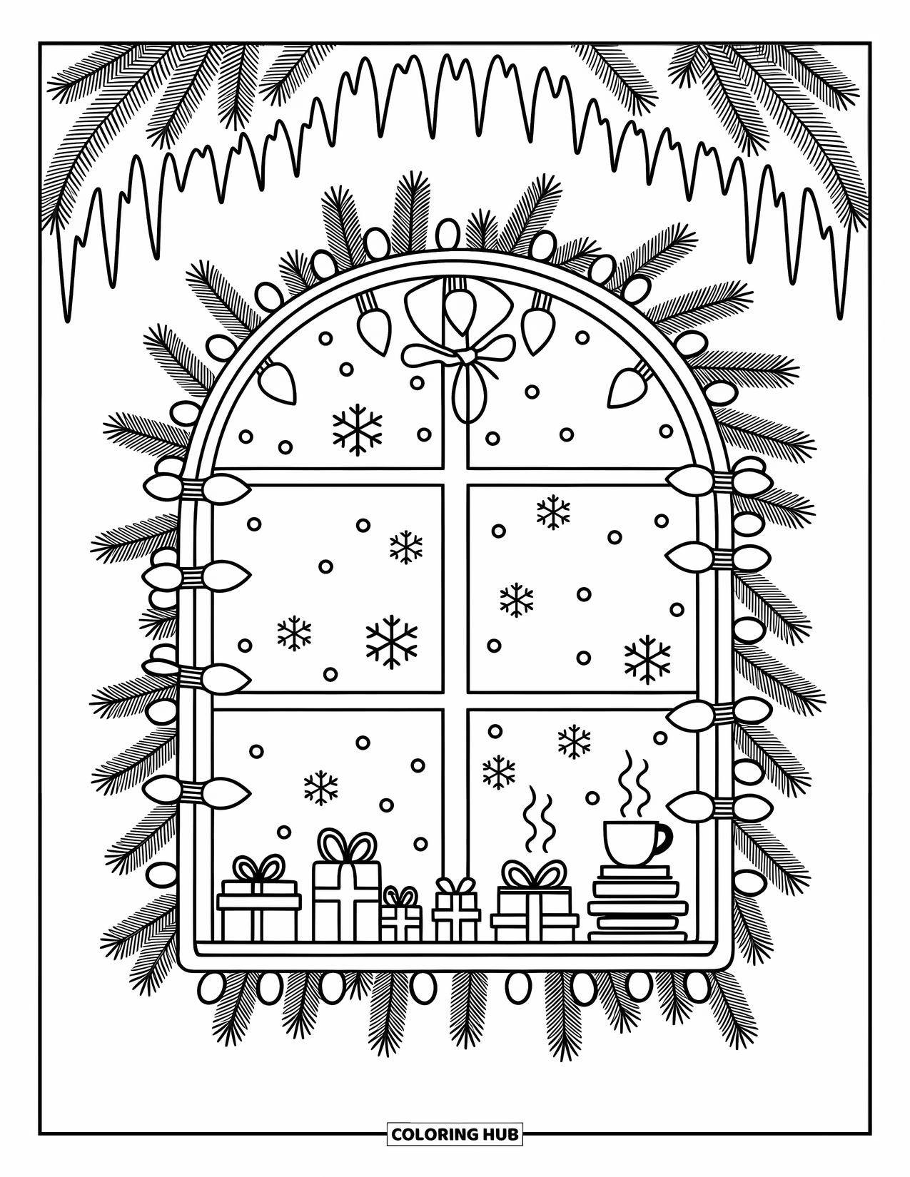 Christmas Lights Coloring Page for Adults: A warm window scene with bows, pine garlands, and twinkling lights
