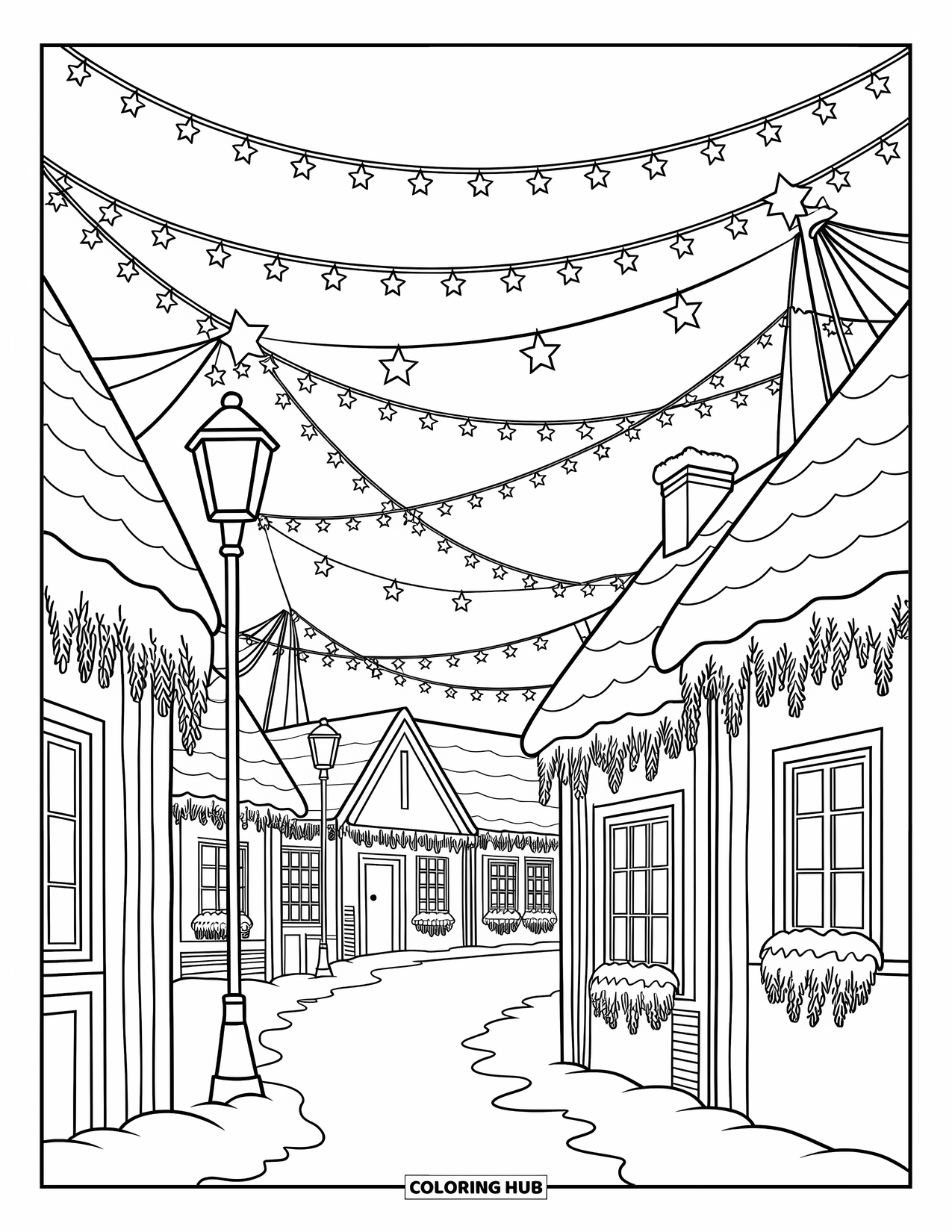Christmas Lights Coloring Page for Adults: A winter village shines beneath strands of twinkling holiday lights