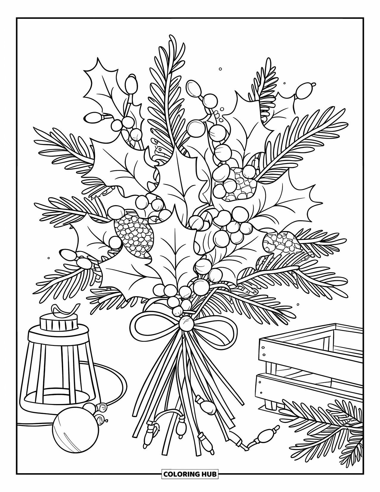 Christmas Lights Coloring Page for Adults: Holly, mistletoe, and pine tied with lights create a festive bouquet