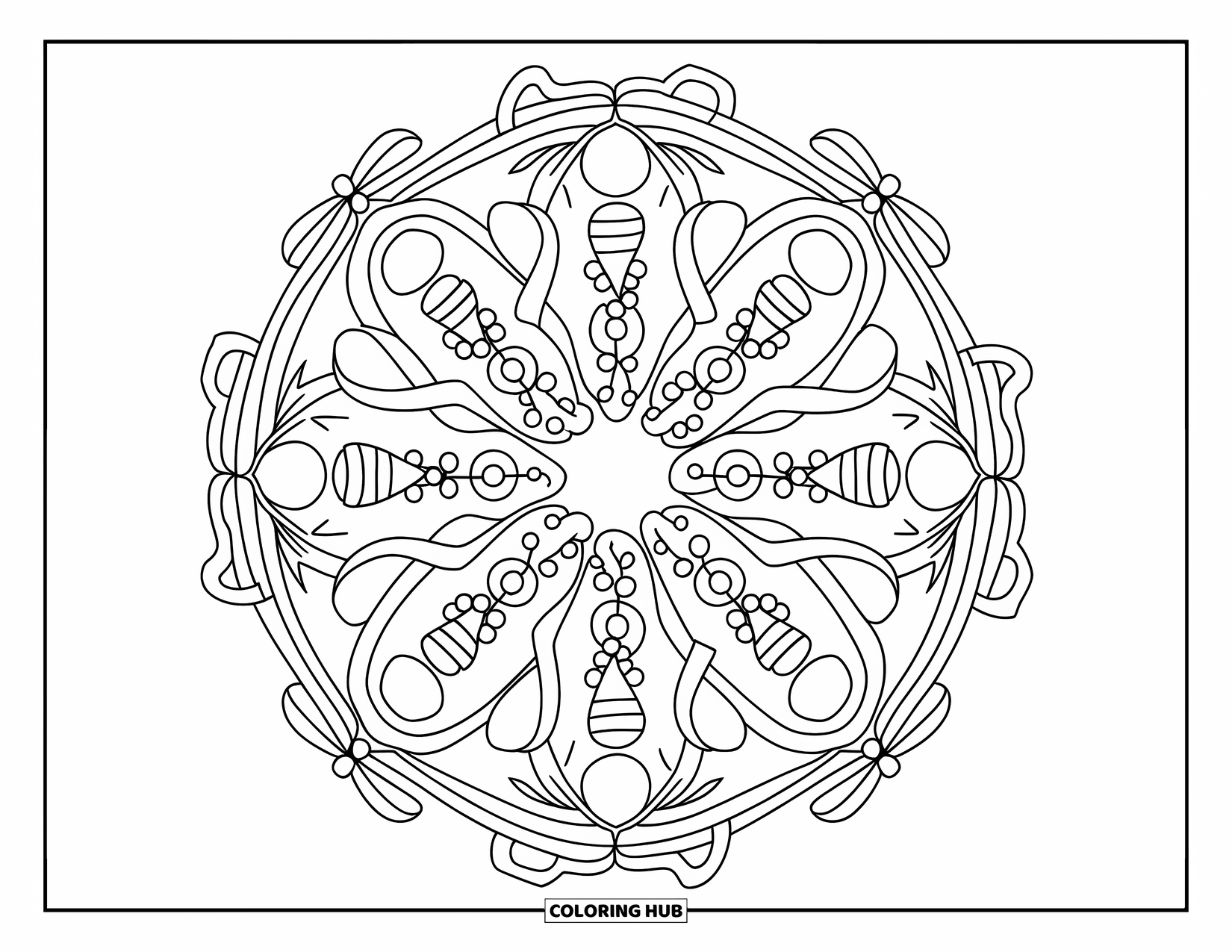 Christmas Lights Coloring Page for Adults: Ribbons and mistletoe circle around light bulbs in an intricate mandala