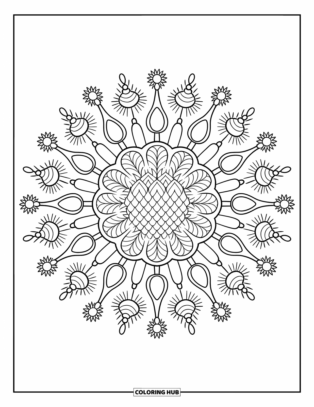 Christmas Lights Coloring Page for Adults: Stars and bulbs radiate around a pinecone in a detailed mandala