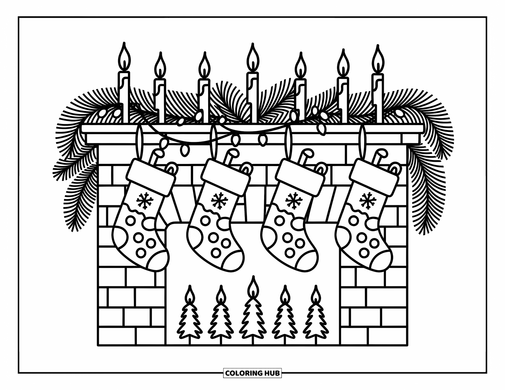 Christmas Lights Coloring Page for Adults: Stockings, candles, and pine garlands brighten a warm holiday mantle