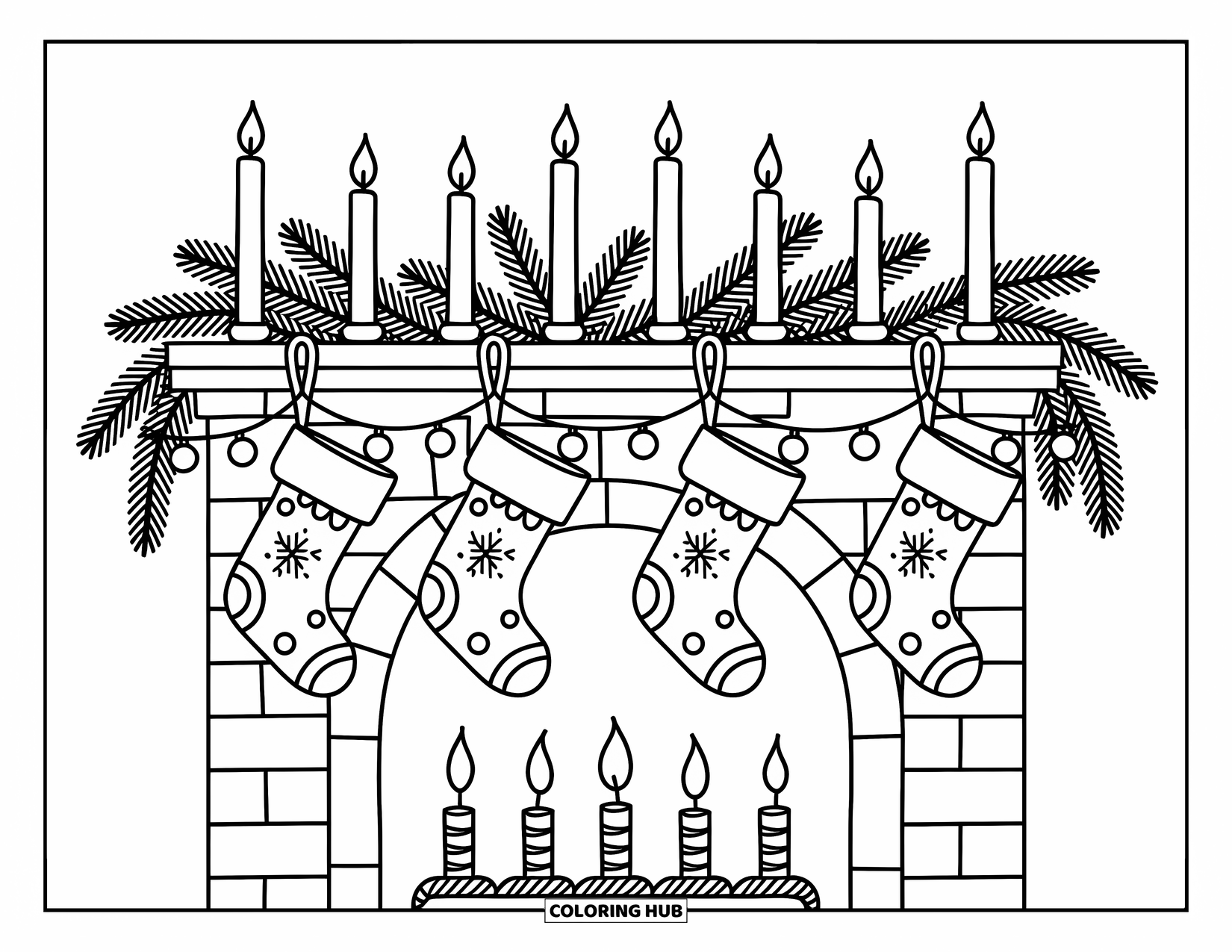 Christmas Lights Coloring Page for Adults: Stockings, garlands, and lights decorate a cheerful Christmas mantle