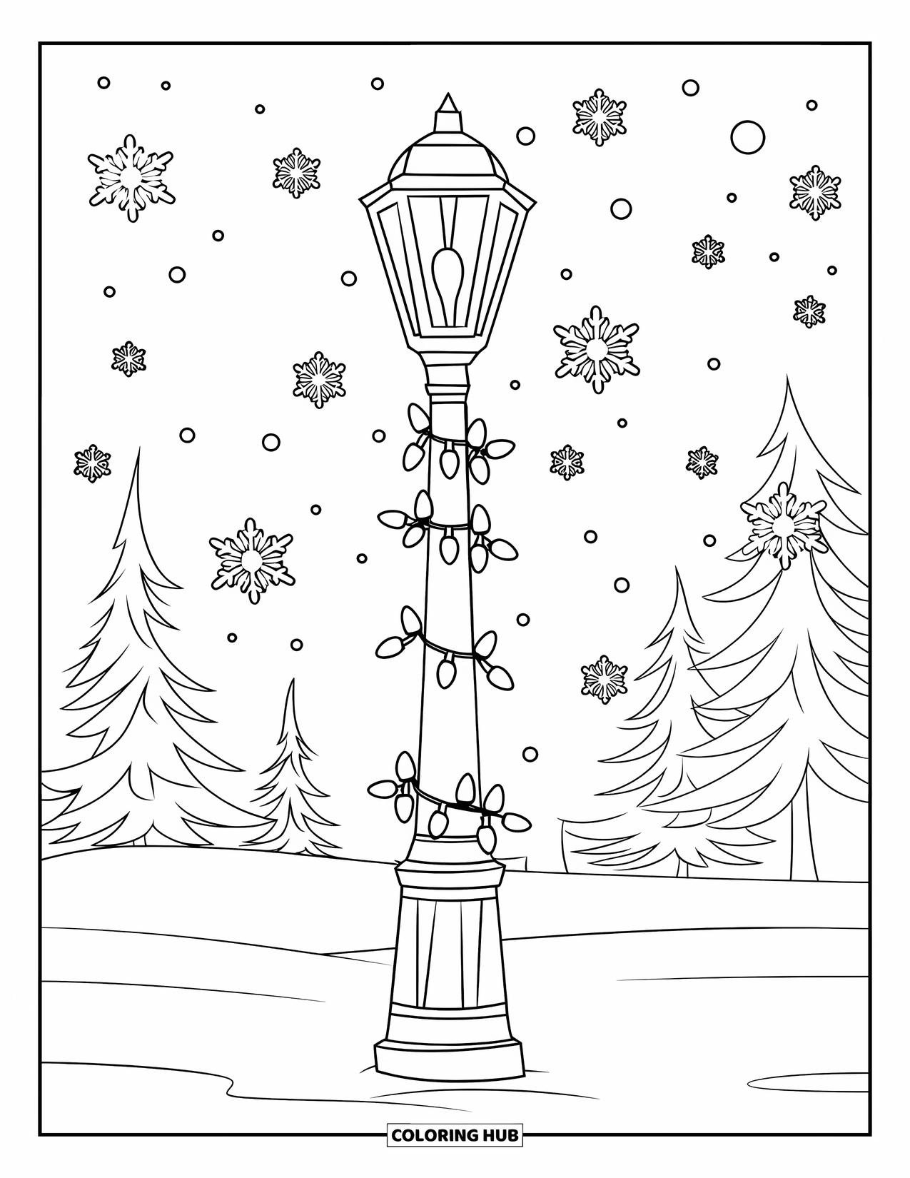 Christmas Lights Coloring Page for Kids: A bright lamppost with lights glows as snow gently falls
