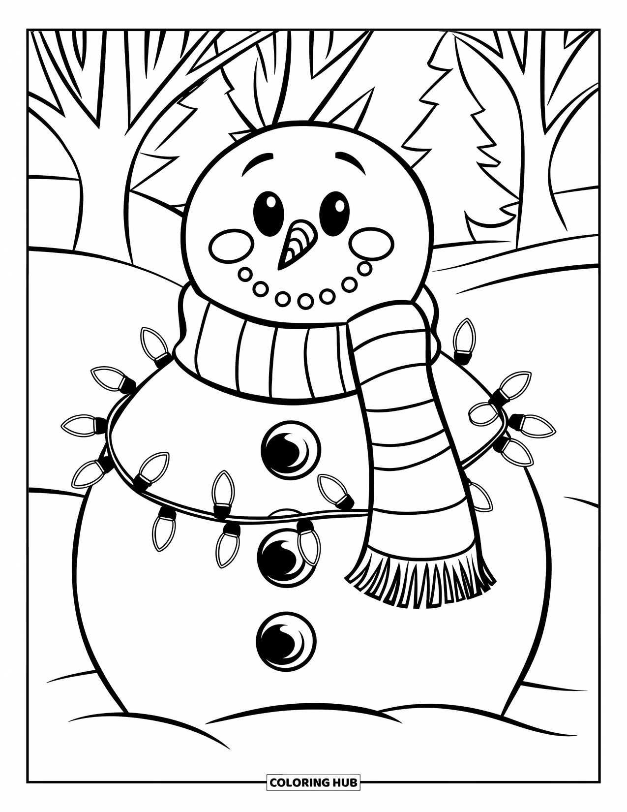 Christmas Lights Coloring Page for Kids: A cheerful snowman with a scarf and glowing lights in the snow