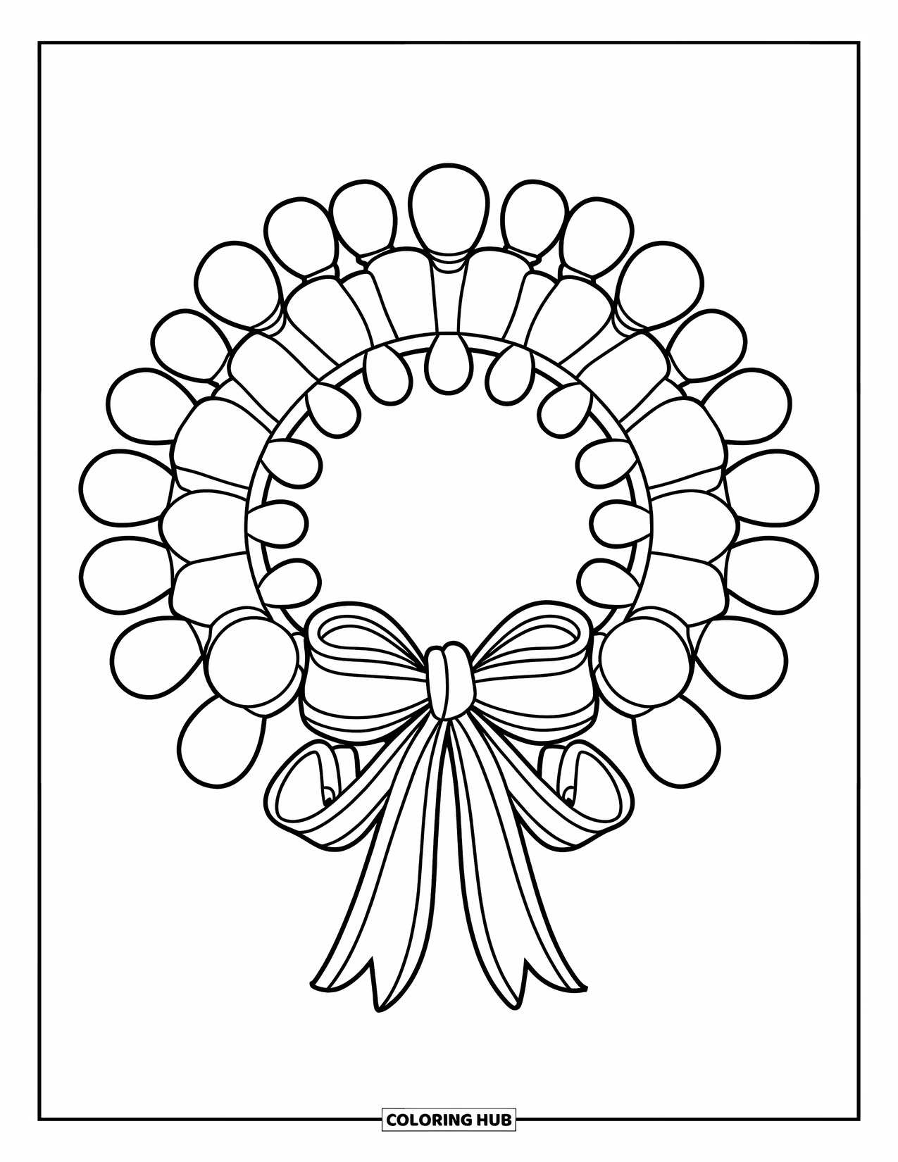 Christmas Lights Coloring Page for Kids: A circle of lights and ribbons forms a glowing Christmas wreath