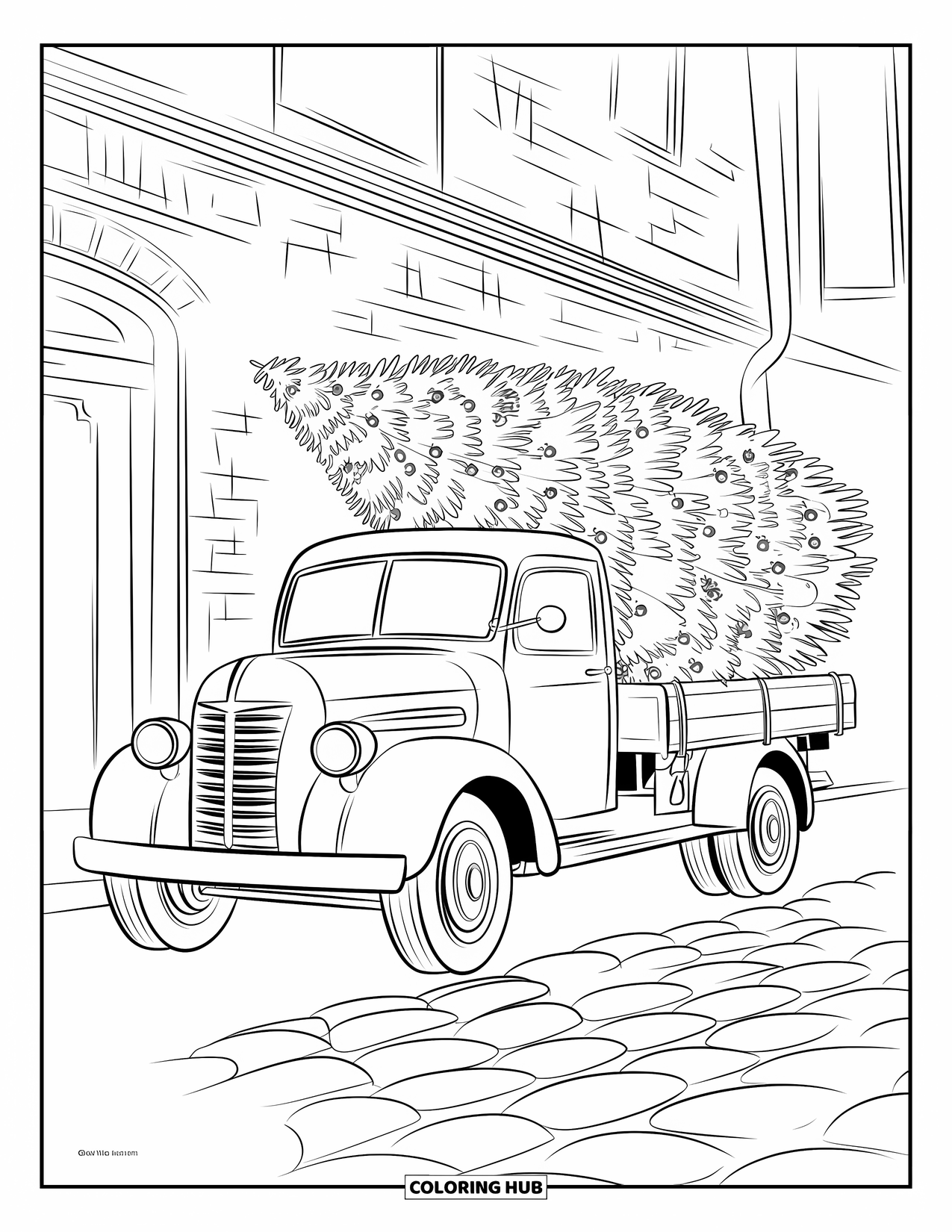 Christmas Lights Coloring Page for Kids: A classic truck with a shining tree parked on a cobblestone road