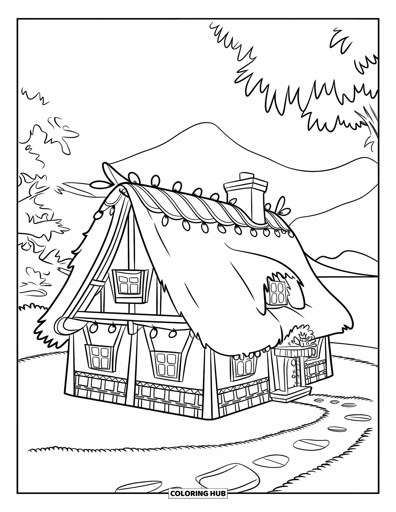 Christmas Lights Coloring Page for Kids: A cozy home with roof lights nestled among trees and mountains