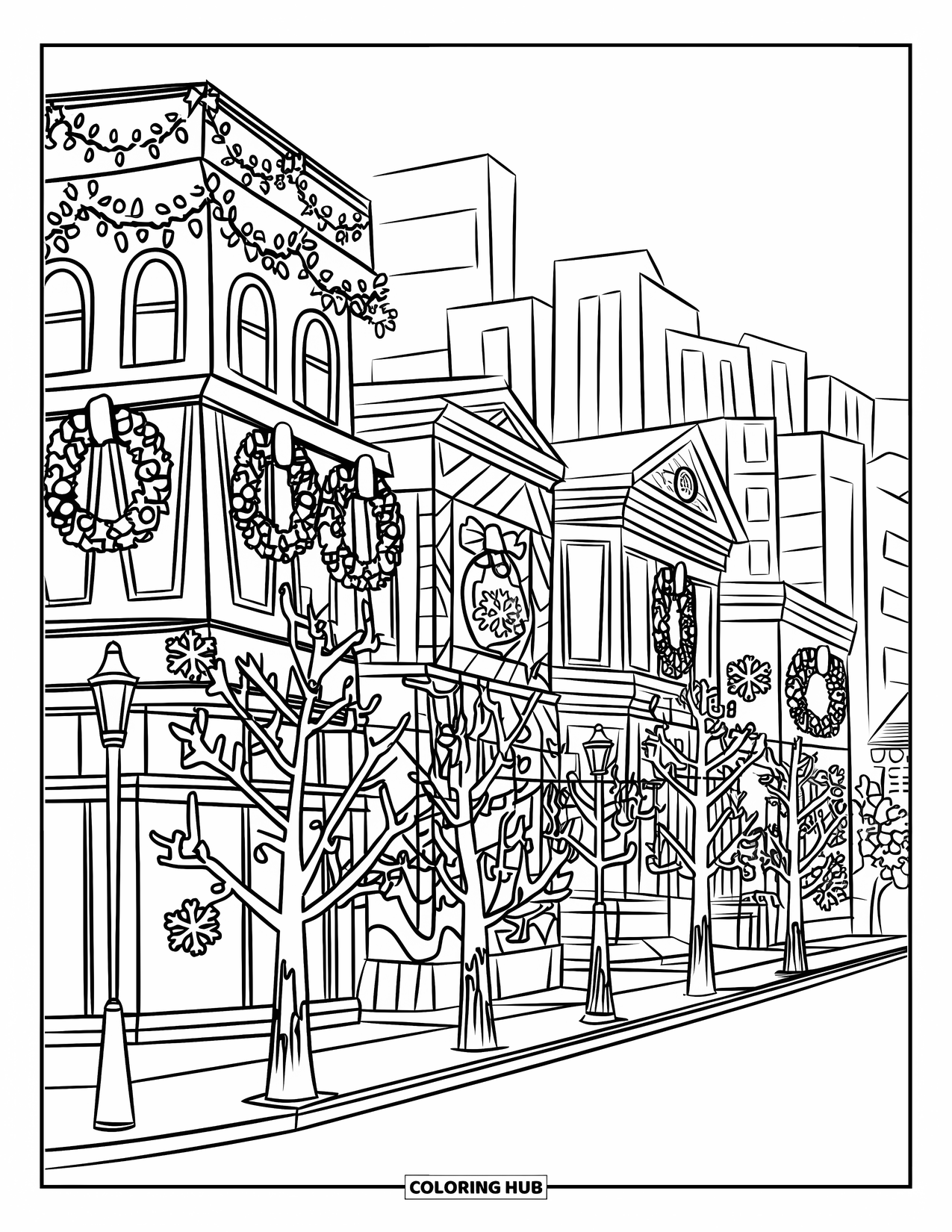 Christmas Lights Coloring Page for Kids: A downtown street sparkles with lights, wreaths, and decorated trees