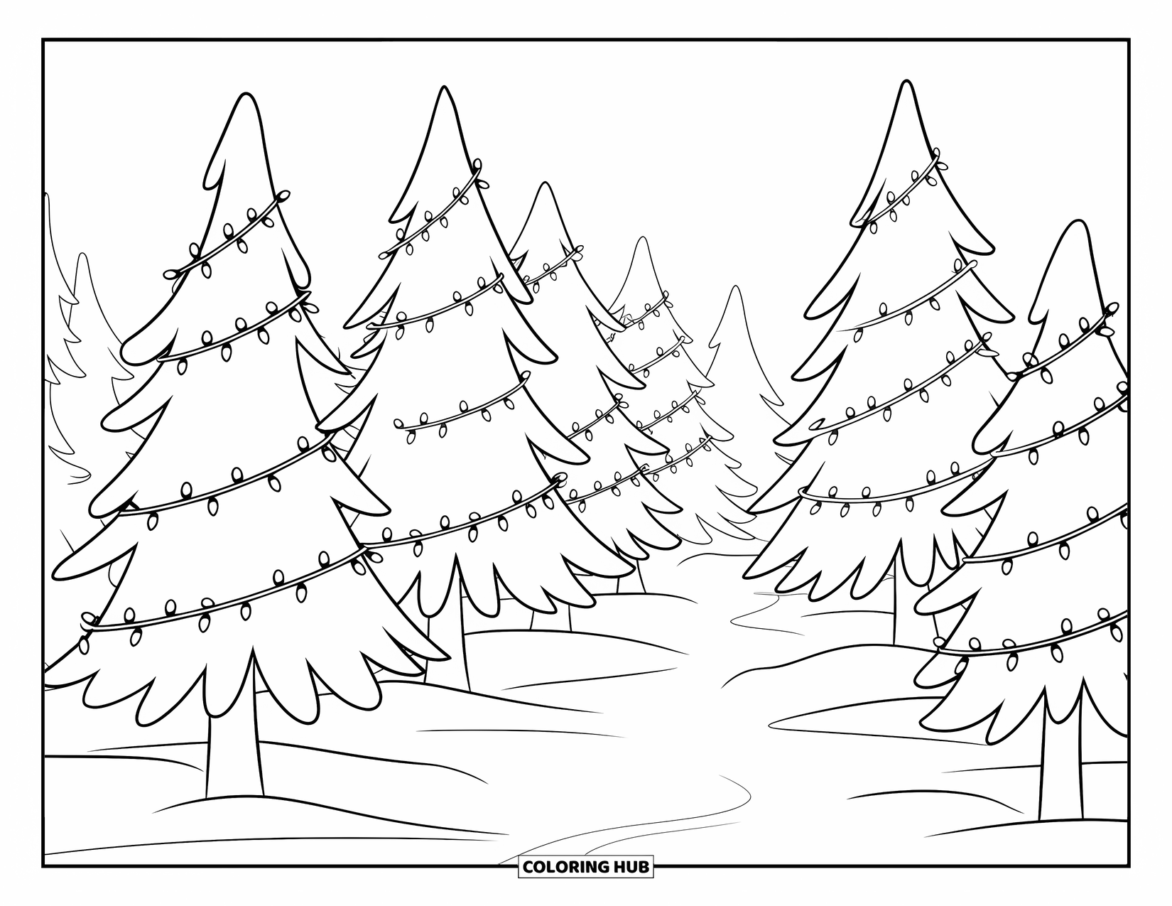 Christmas Lights Coloring Page for Kids: A forest of light-wrapped pines shines under a starry sky on snowy ground