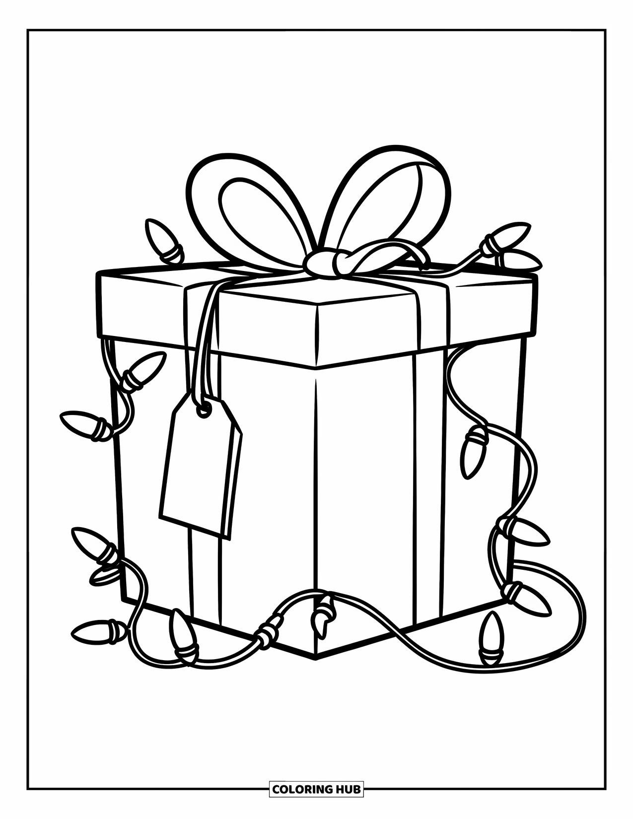 Christmas Lights Coloring Page for Kids: A glowing gift box tied with ribbon stands against a snowy scene