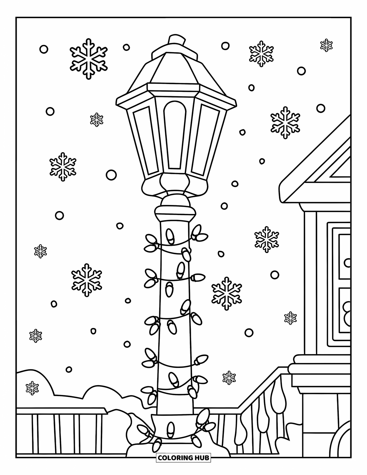 Christmas Lights Coloring Page for Kids: A lamppost wrapped with twinkling lights shines in the snowy street