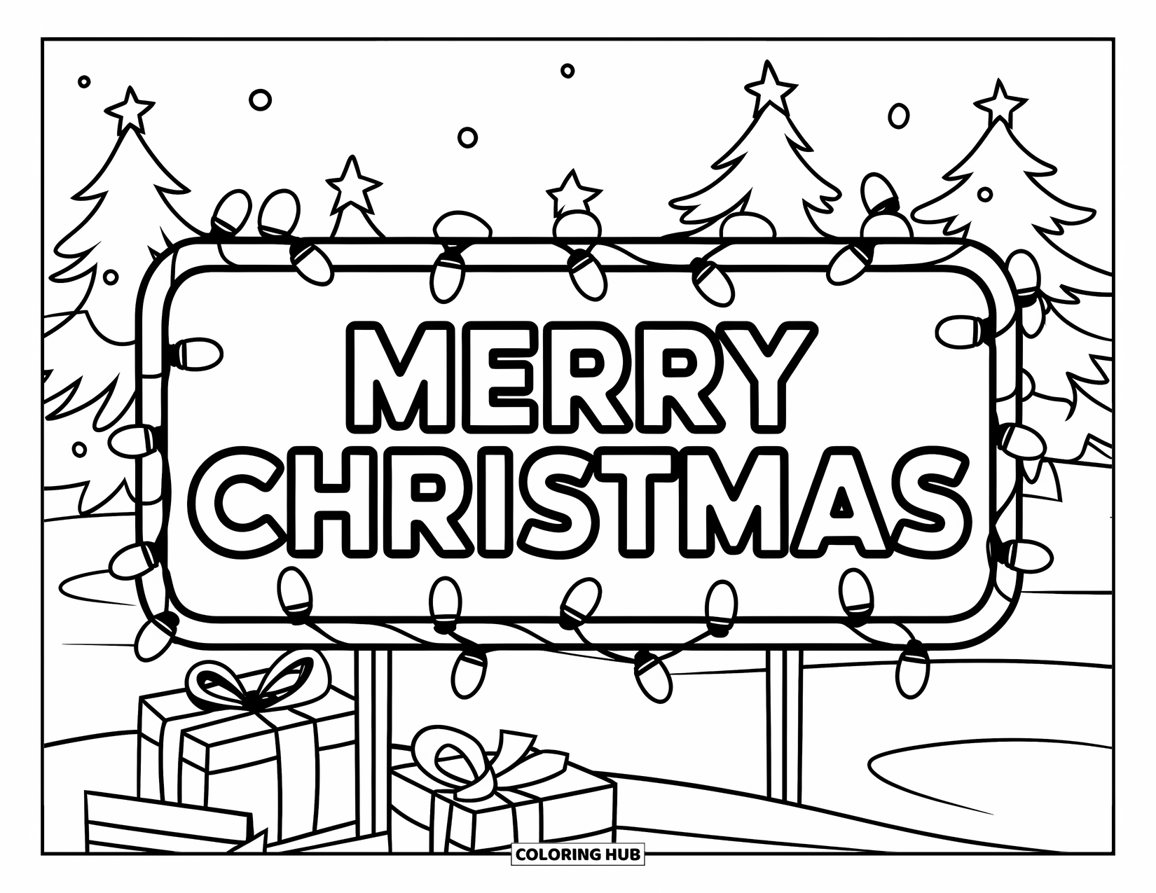 Christmas Lights Coloring Page for Kids: A ìMerry Christmasî sign shines bright beside gifts and snow