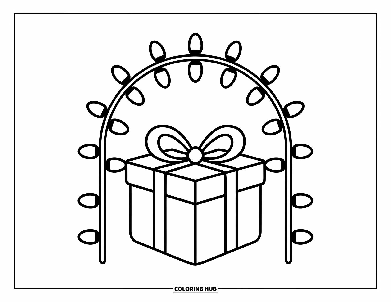 Christmas Lights Coloring Page for Kids: A present sparkles under a Christmas light arch on a snowy white path