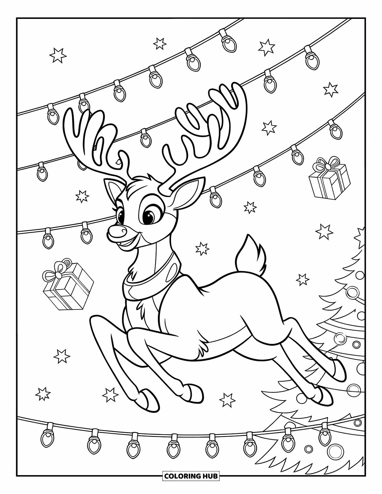 Christmas Lights Coloring Page for Kids: A red-nosed reindeer leaps among stars and floating presents