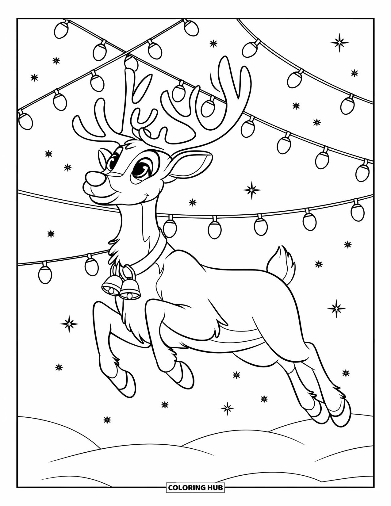 Christmas Lights Coloring Page for Kids: A reindeer leaps through the starry sky wrapped in twinkling lights