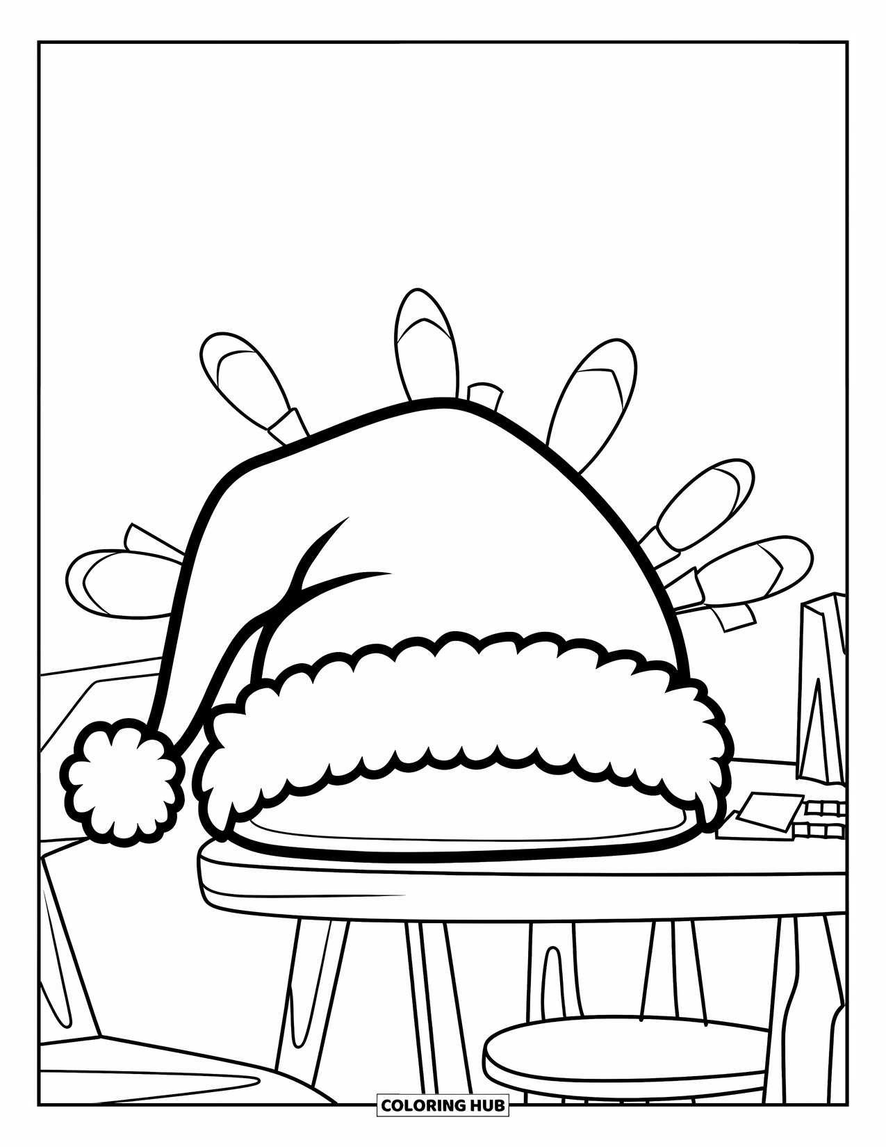Christmas Lights Coloring Page for Kids: A Santa hat on a table glows softly under simple hanging lights