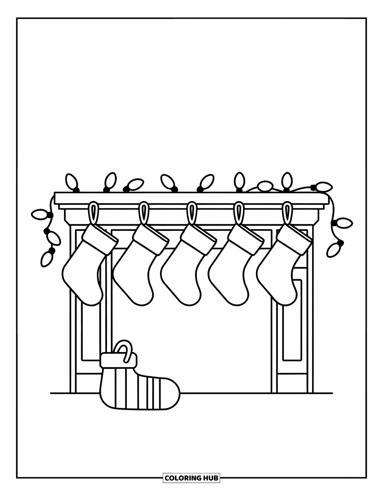 Christmas Lights Coloring Page for Kids: A simple mantle with stockings and twinkling holiday lights