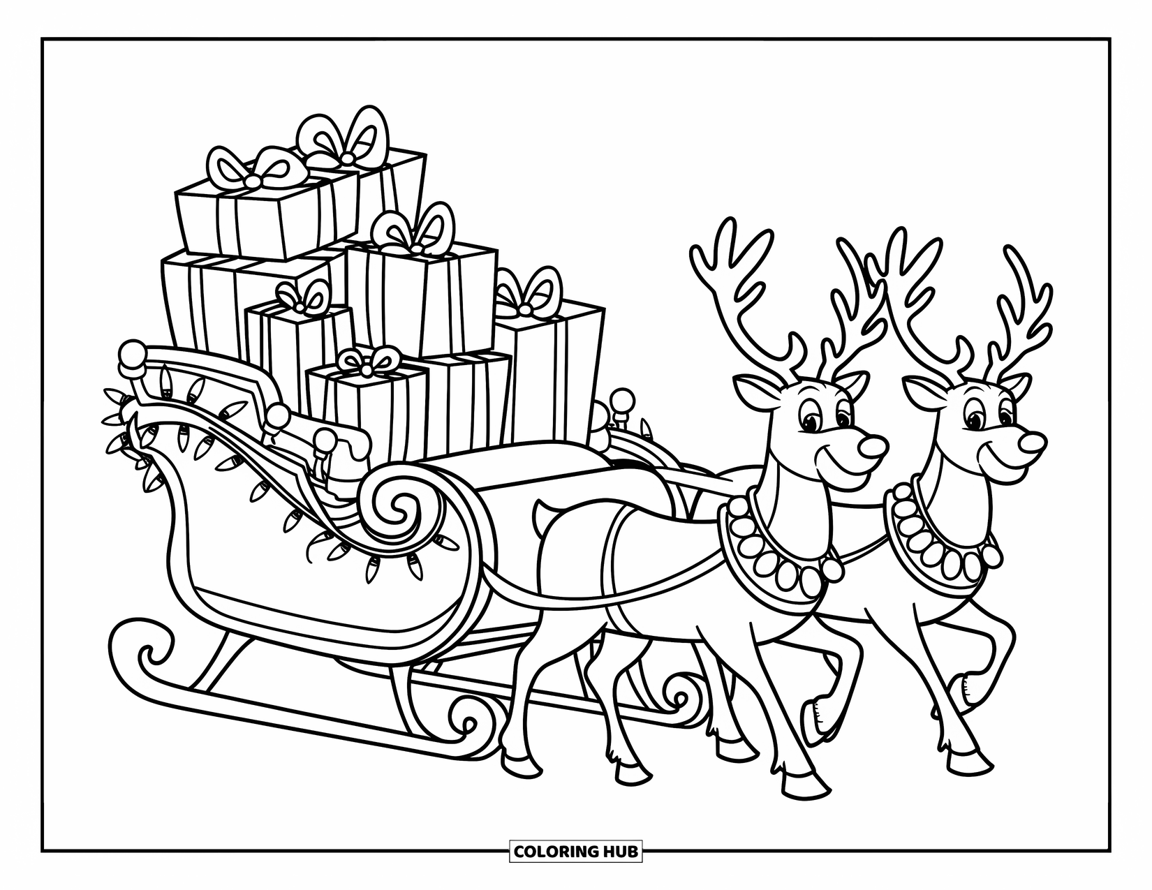 Christmas Lights Coloring Page for Kids: A sleigh full of presents sparkles with Christmas lights in the snow