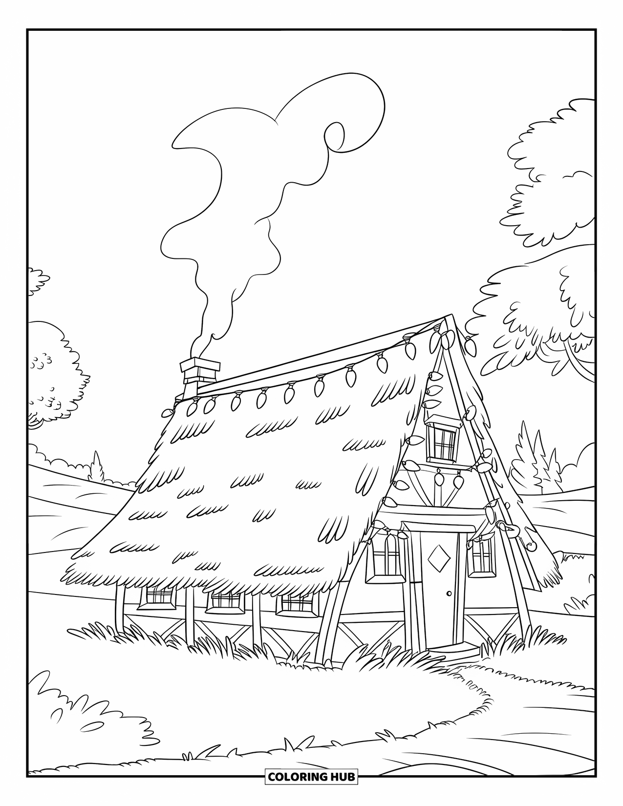 Christmas Lights Coloring Page for Kids: A snow-covered house with glowing roof lights and chimney smoke