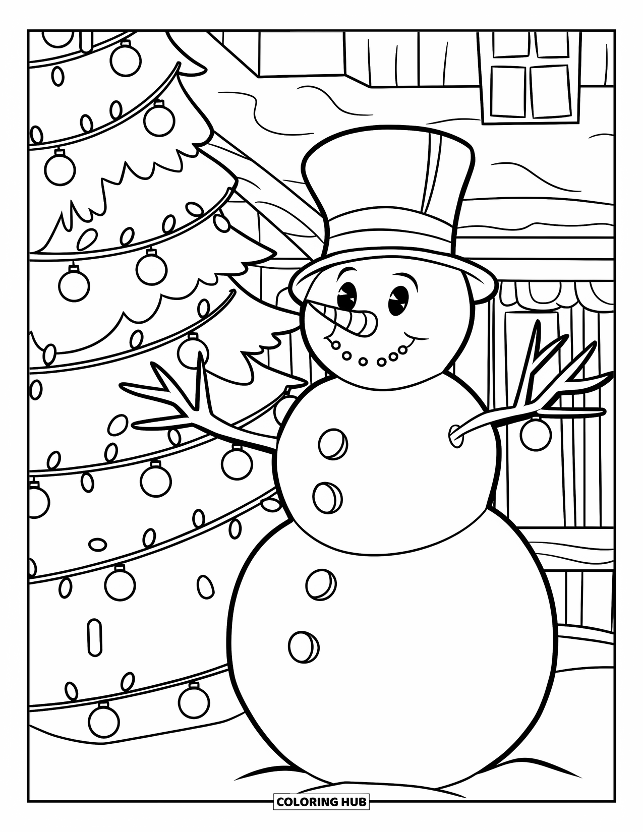 Christmas Lights Coloring Page for Kids: A snowman and tree sparkle with lights beside a cozy winter home