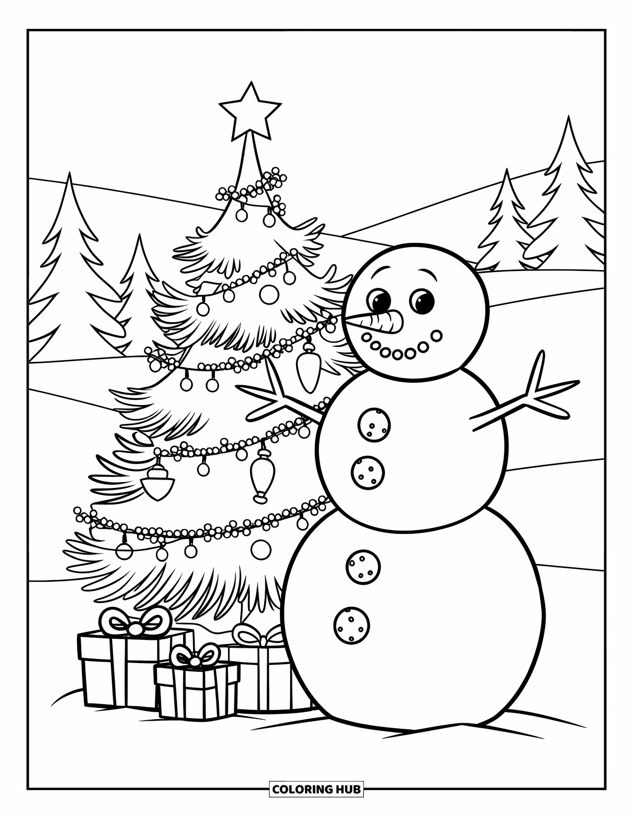 Christmas Lights Coloring Page for Kids: A snowman stands by a lit tree surrounded by snow and presents