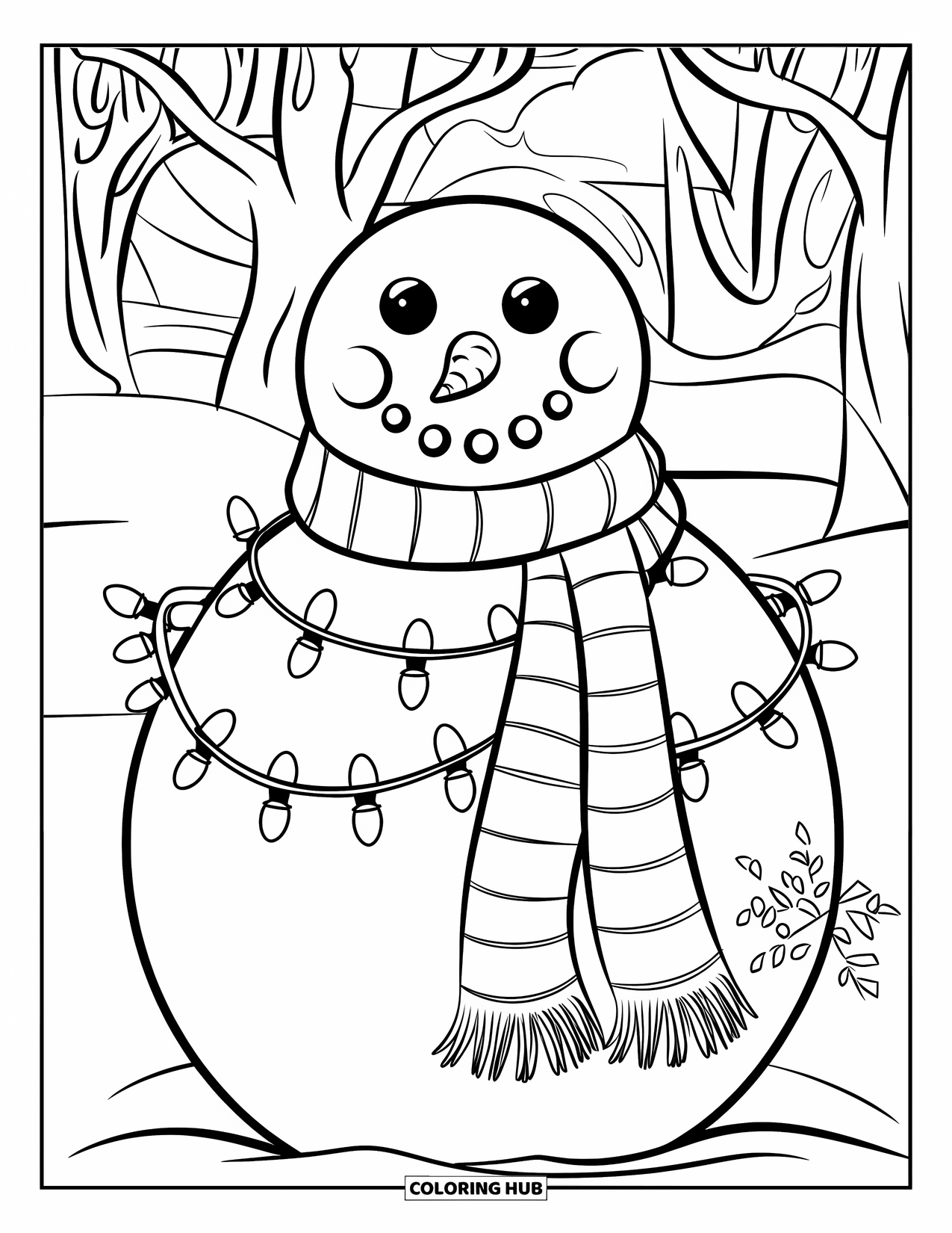 Christmas Lights Coloring Page for Kids: A snowman wrapped in lights smiles brightly in the falling snow
