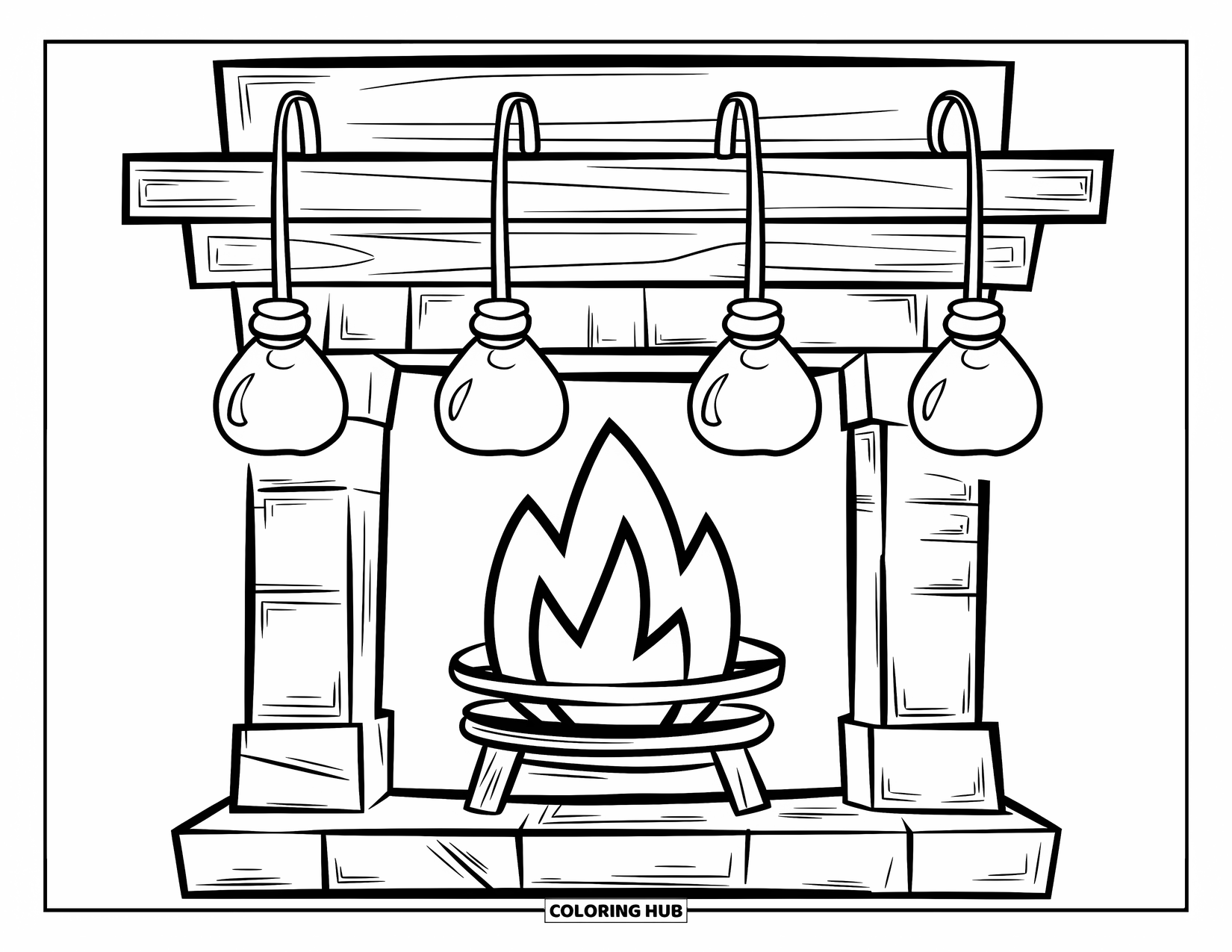 Christmas Lights Coloring Page for Kids: A stone fireplace with wooden mantle glows with hanging lights