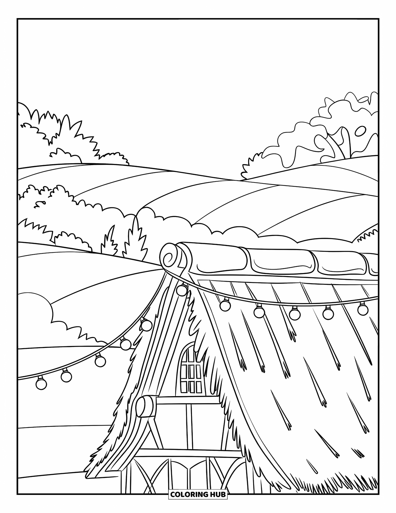 Christmas Lights Coloring Page for Kids: A thatched cottage sparkles with roof lights in a snowy meadow